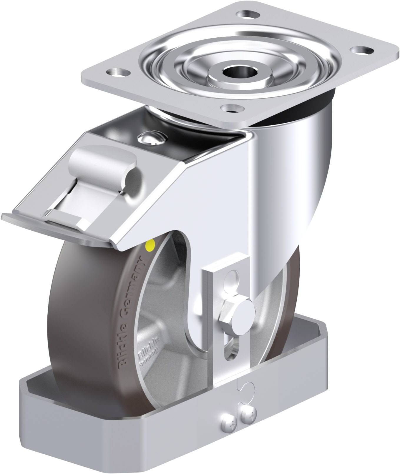 Drehbare Möbelrolle aus Metall mit grauem Rad und rechteckiger Befestigungsplatte, geeignet für schwere Lasten.