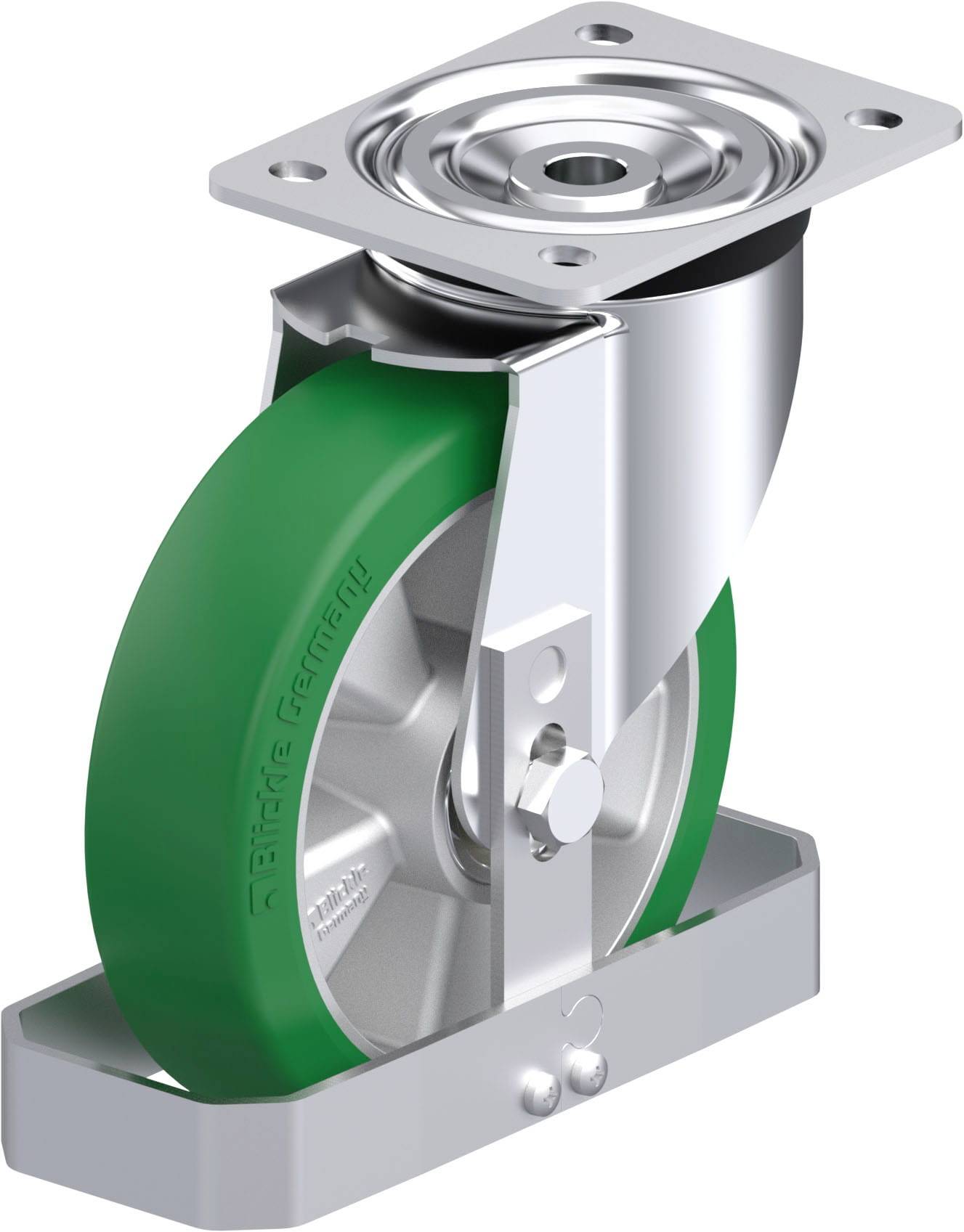 Industrielles Drehgelenk-Rad aus Metall mit grünem Reifen, montierbar auf flachen Oberflächen. Geeignet für schwere Lasten.