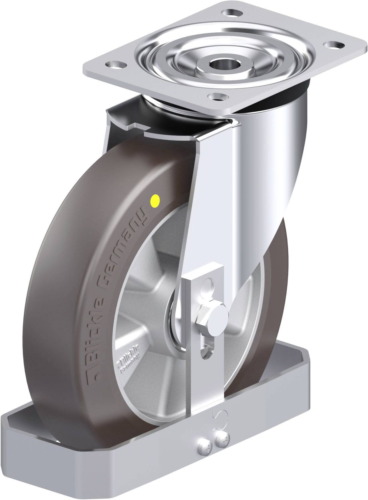 Industrielles Lenkrollenrad aus Metall und Kunststoff mit rechteckiger Montageplatte oben, zur flexiblen Befestigung an Geräten.