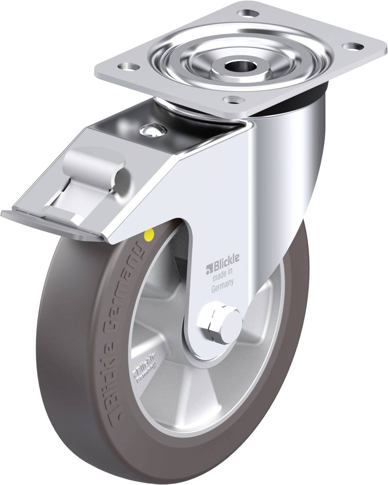 Metallisches Lenkrollenrad mit Bremse und grauer Gummibandage, montierbar an Möbel oder Geräte für leichte Bewegung und Stabilität.