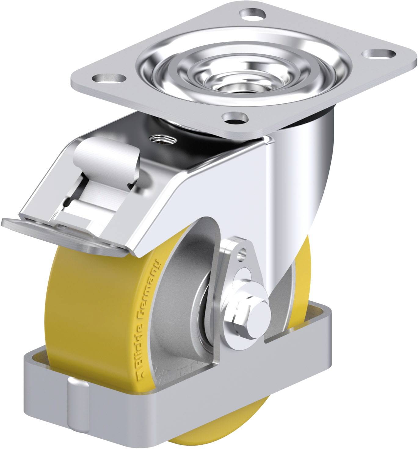 Abbildung eines drehbaren Lenkrollers mit gelbem PU-Rad und Edelstahlplatte, geeignet für Industrie- oder Möbelanwendungen.