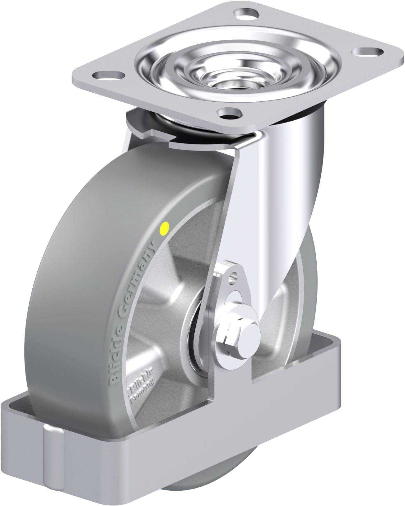 Industrie-Rollenrad aus Metall und Gummi, mit Befestigungsplatte und Drehmechanismus. Ideal für Maschinen oder Transportkarren.