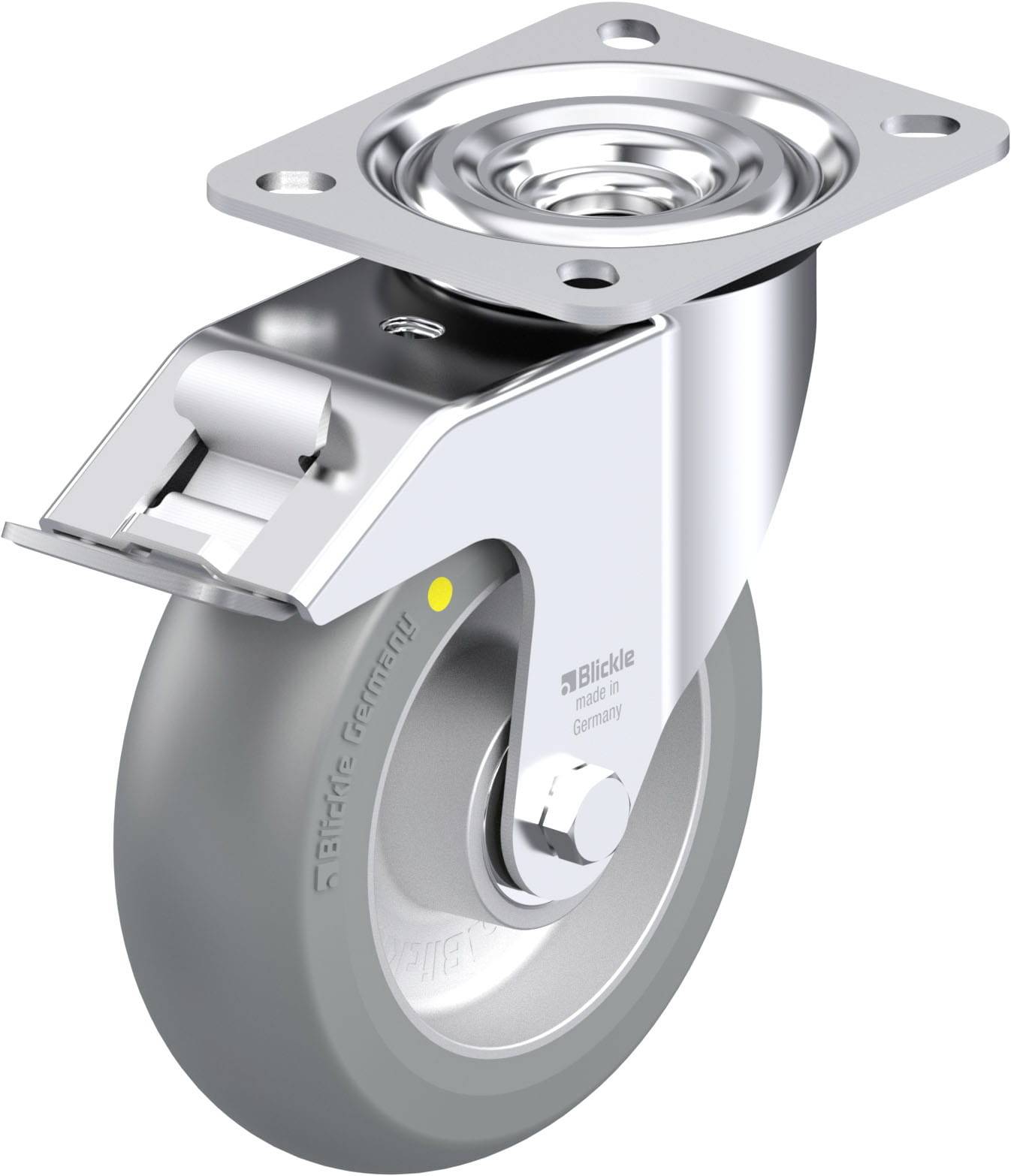 Swivelrolle mit Metallplatte, grauem Gummirad und Bremse, geeignet für Möbel- oder Gerätebewegung.