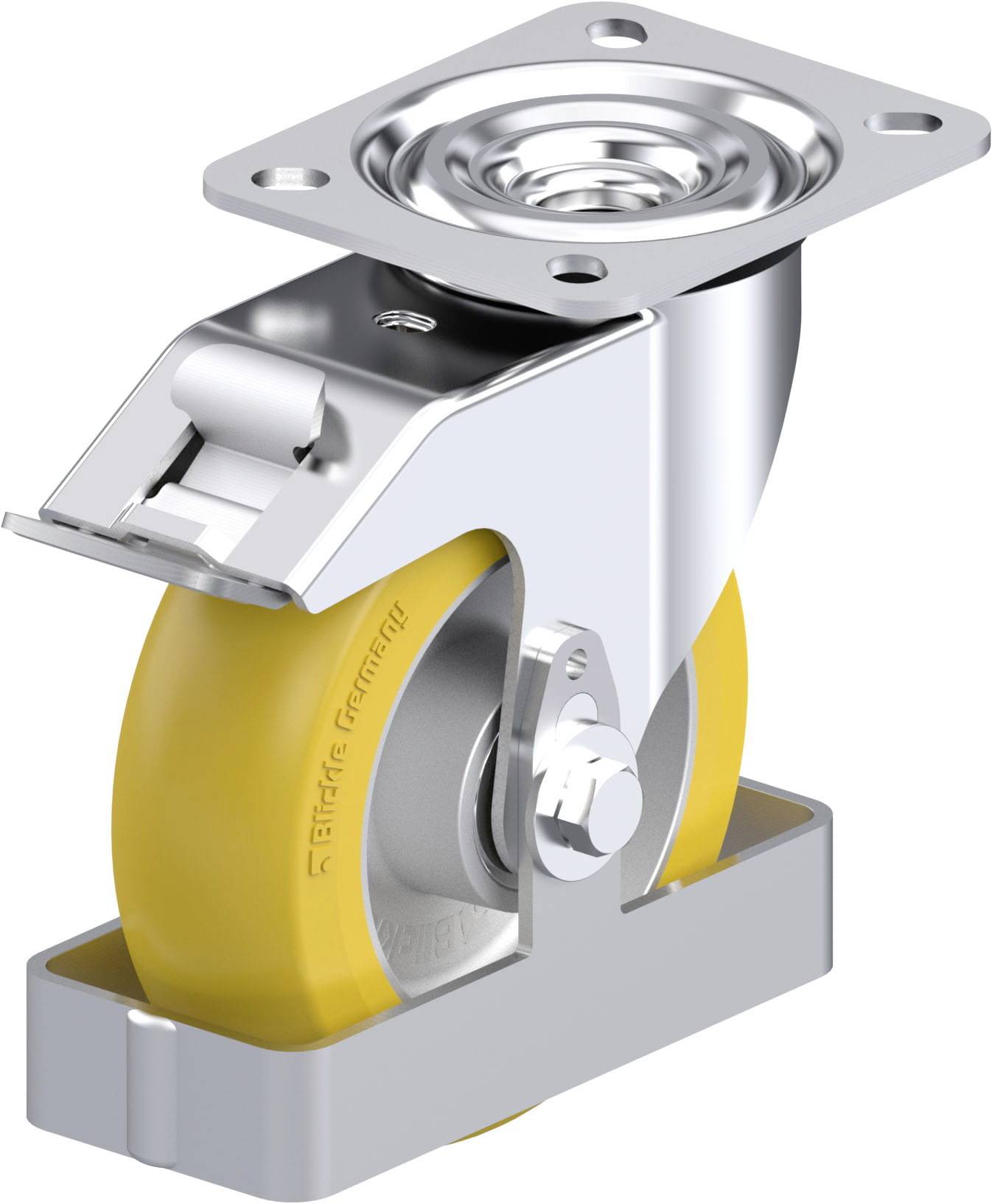 Eine gelbe Lenkrolle aus Metall mit Bremse, geeignet für industrielle Anwendungen und schwere Lasten.