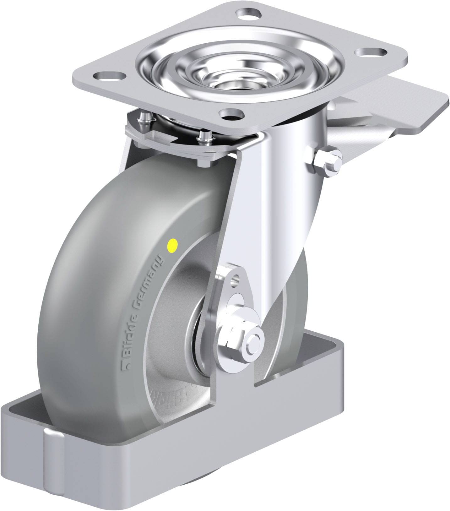 Schwenkrolle aus Metall und Gummi mit Befestigungsplatte. Primär für schwere Lasten in industriellen Anwendungen.