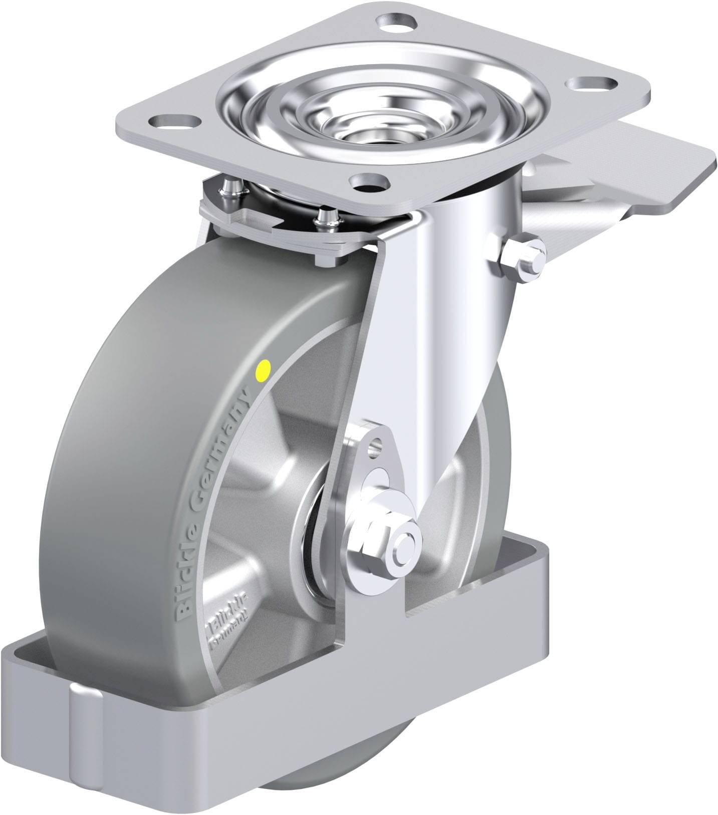 Metallisches Transportrollen mit grauem Rad und Drehgelenk, geeignet für schwere Lasten.