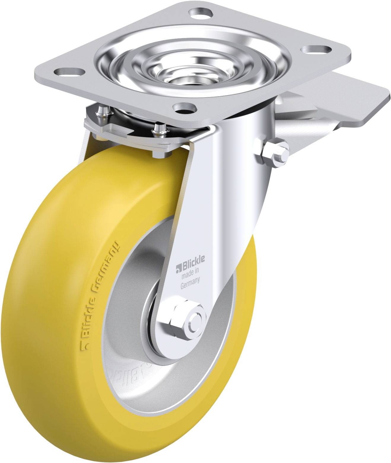 Schwenkrolle aus Metall mit gelbem Gummirad, geeignet für Transportwagen. Beinhaltet Feststellbremse für sicheren Halt.