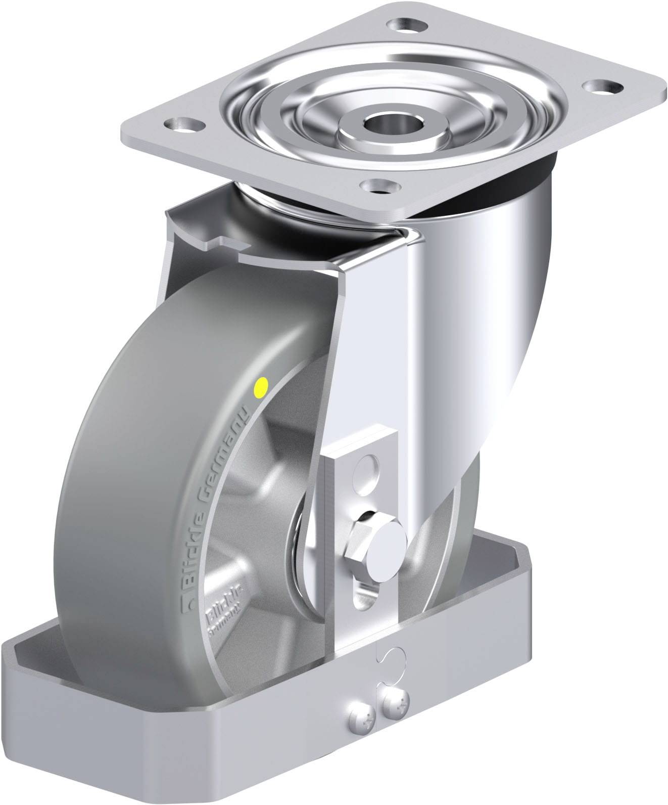 Transportrolle aus Metall und Kunststoff, mit drehbarem Gehäuse und Befestigungsplatte, geeignet für Möbel oder Industrieanwendungen.