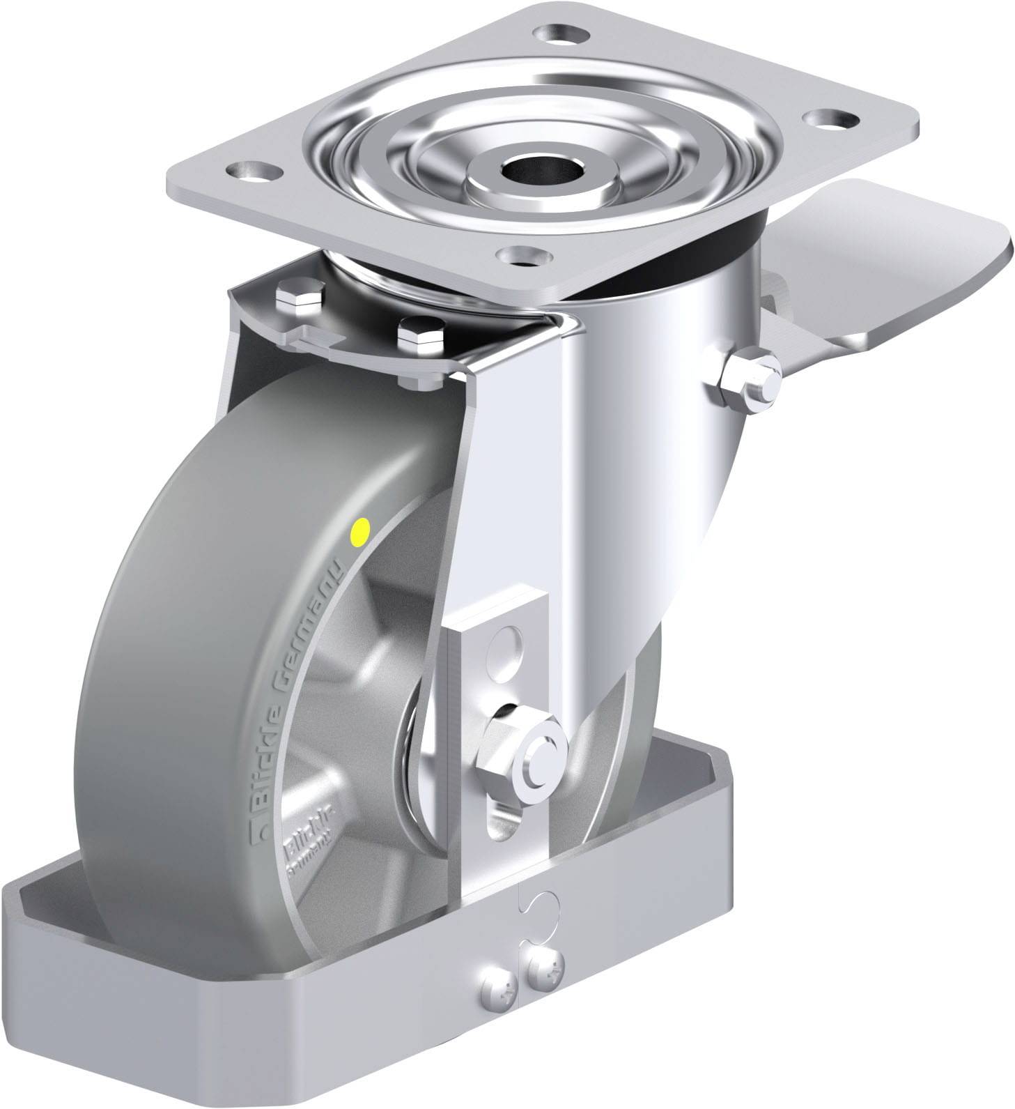 Industriewalze mit Metallschwenkgelenk und grauem Kunststoffrad, geeignet für schwere Lasten in Maschinen oder Industriegeräten.