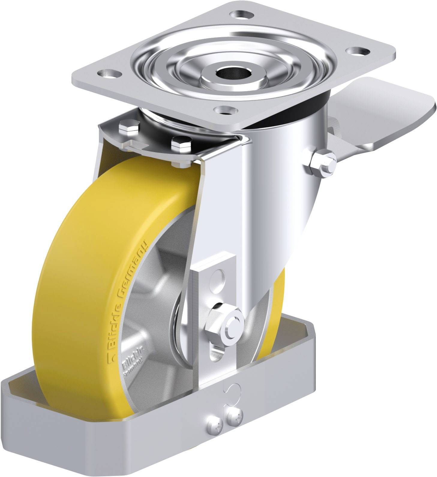 Industrie-Schwenkrolle mit gelbem Rad und Metallgehäuse für schwere Lasten. Eignet sich für den Einsatz in Fabriken oder Lagerhäusern.