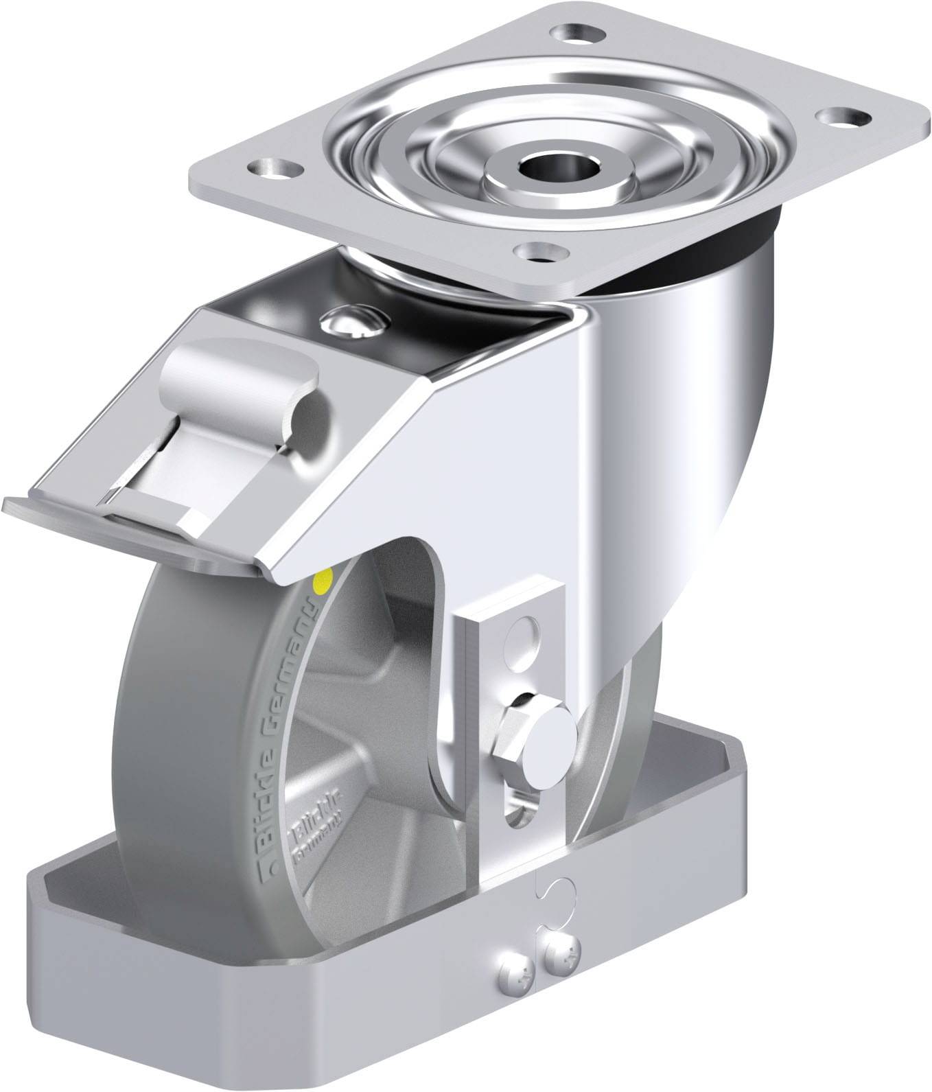Schwenkrolle aus Metall mit Bremse und grauem Rad, geeignet für industrielle Anwendungen. Robuste Konstruktion für schwere Lasten.
