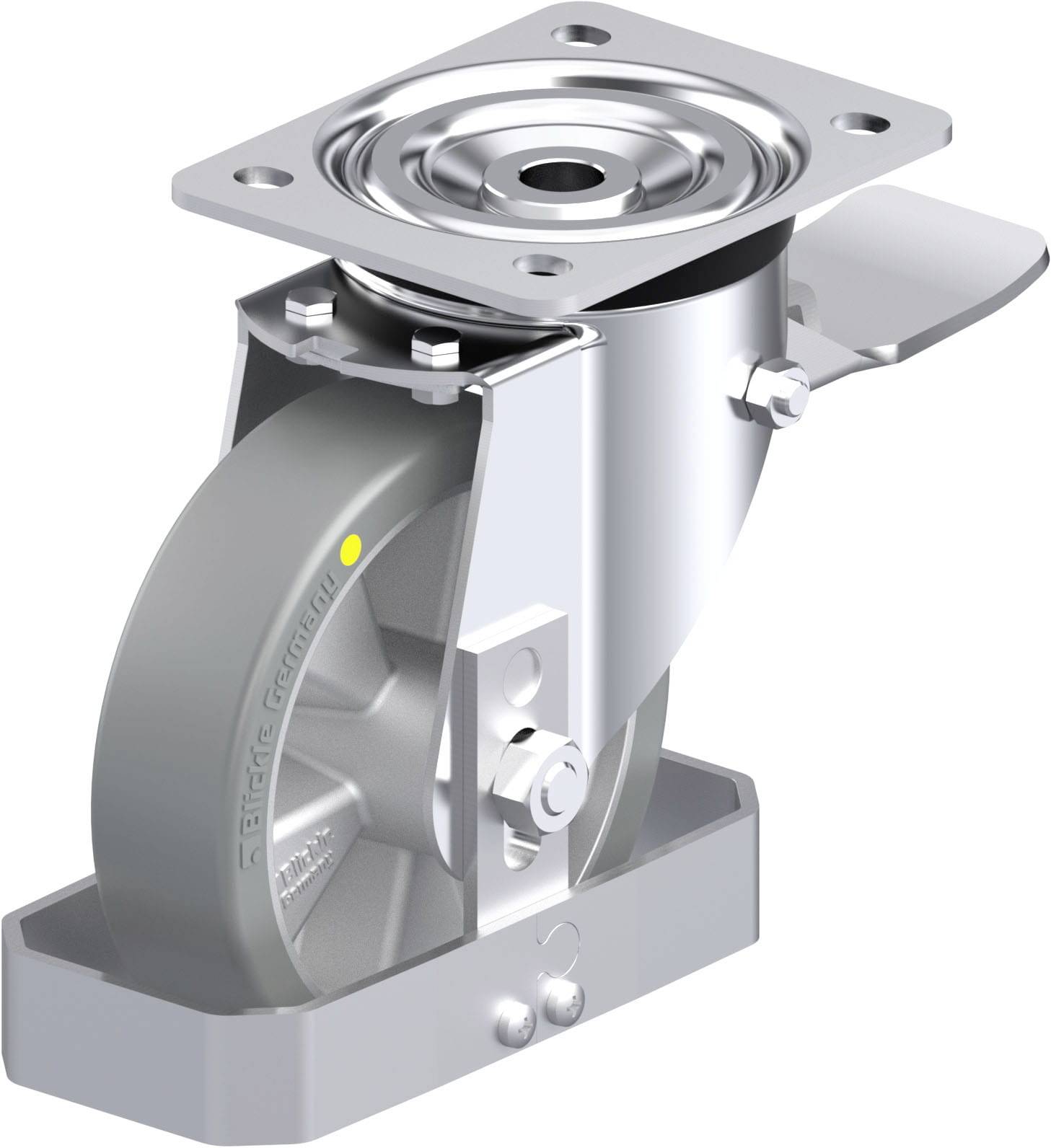Industrielles Schwerlast-Lenkrolle auf rechteckiger Montageplatte, aus Metall und Gummi, designed für schwere Lasten in Maschinen.