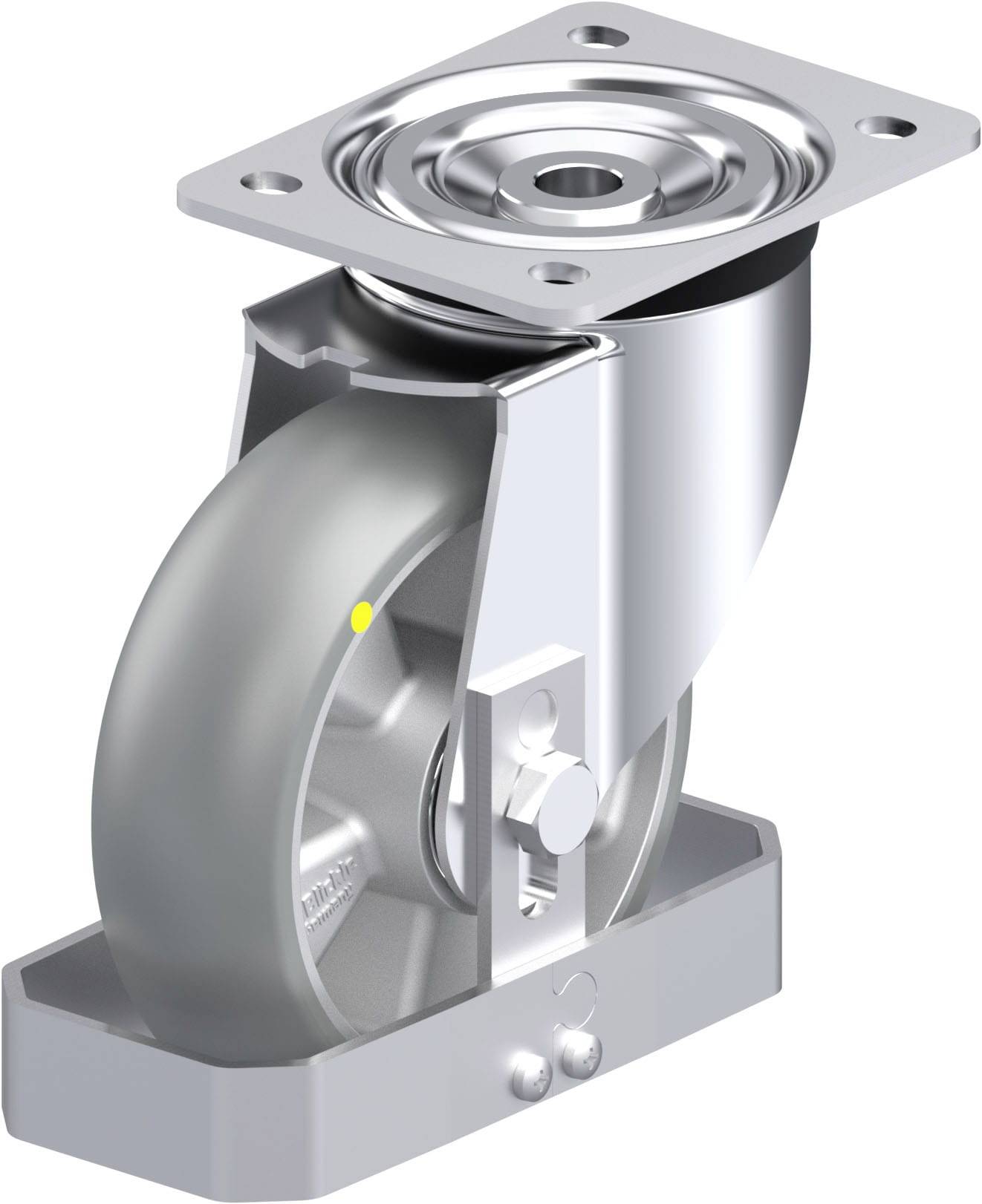 Schwenkrolle mit grauem Rad und silberner Metallhalterung.