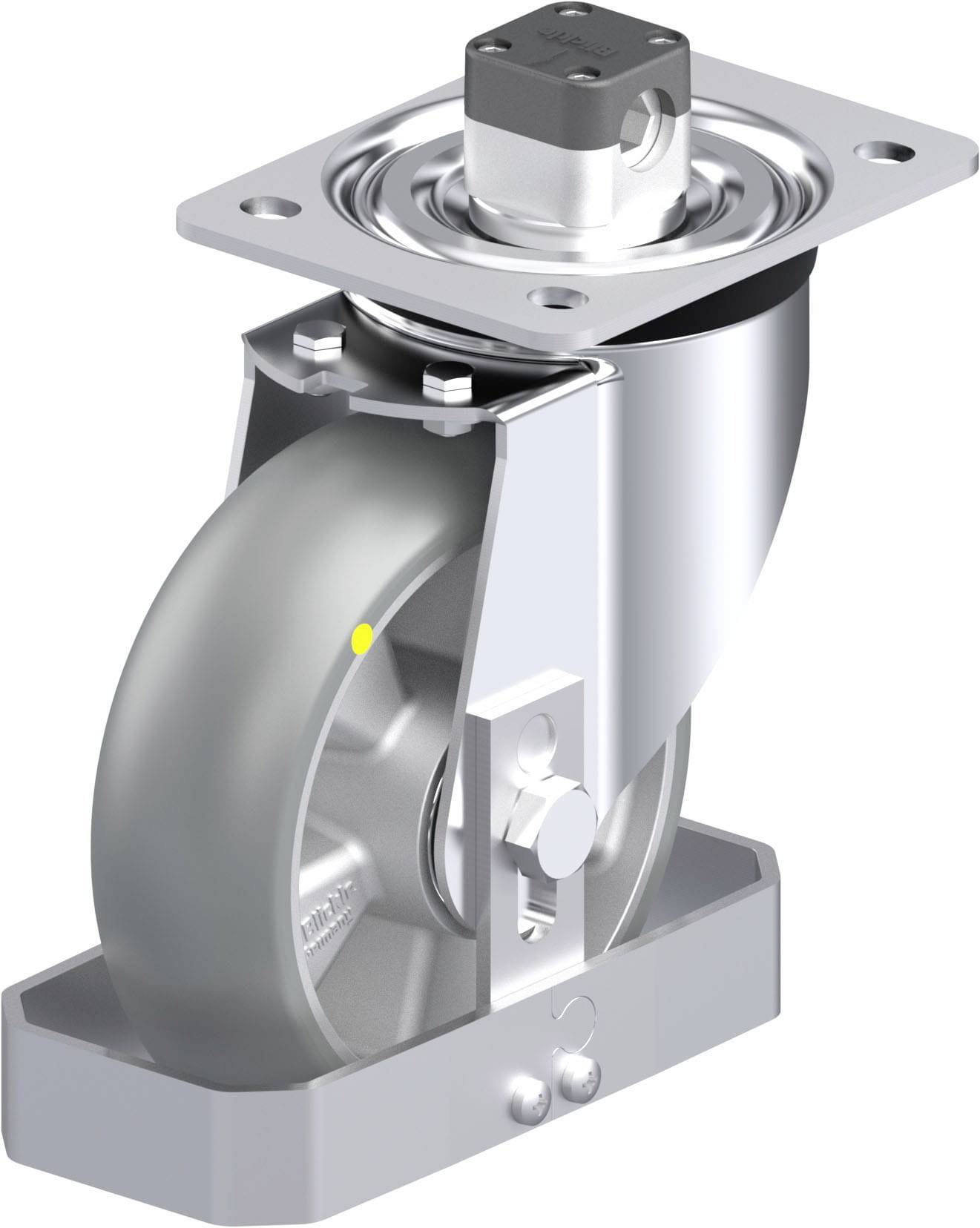 Industrie-Lenkrolle aus Metall mit grauem Rad, kugelgelagert, geeignet für schwere Lasten, zeigt einen drehbaren Halterungsmechanismus.