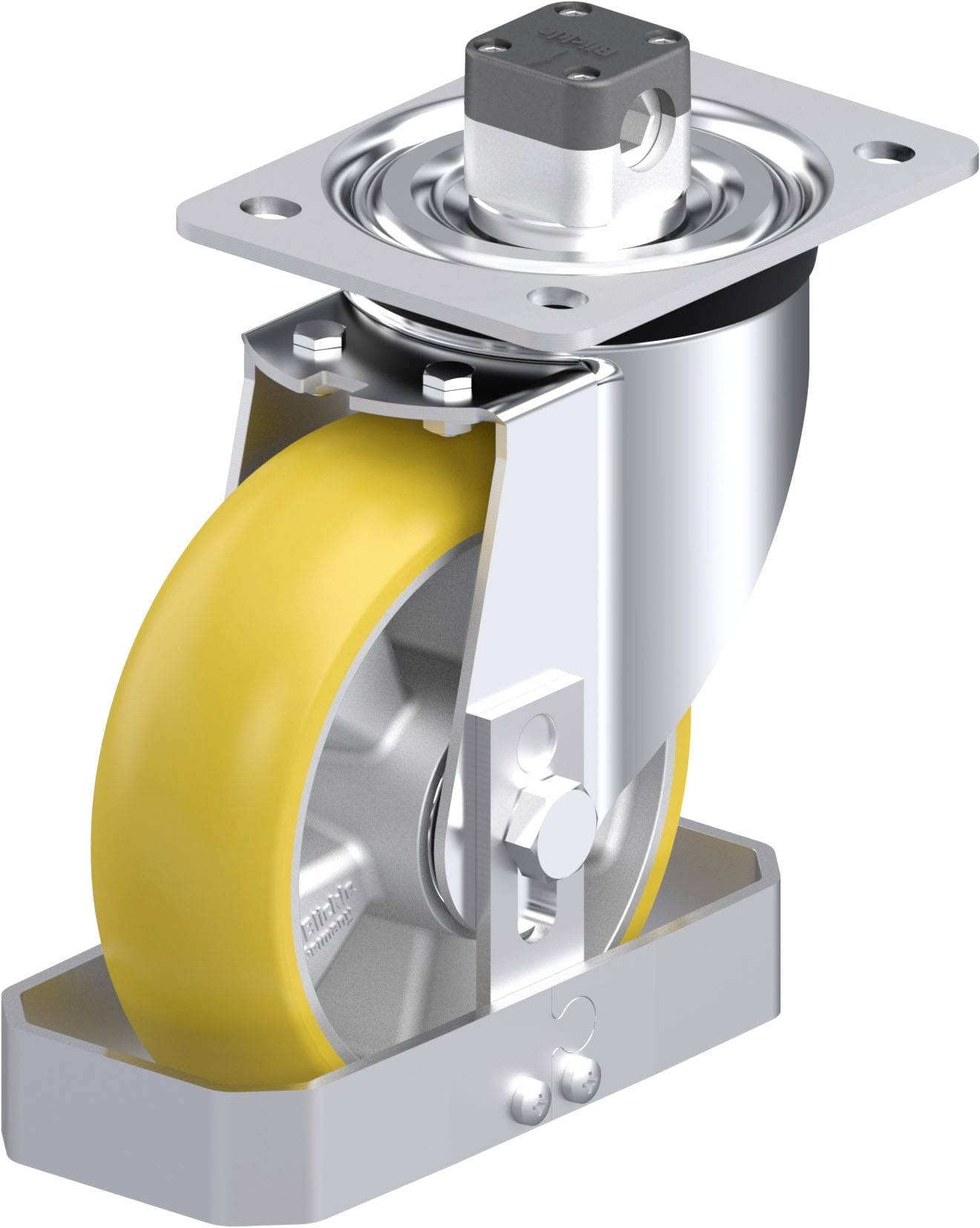 Ein drehbares Möbelrad aus Metall mit gelbem Rad, montiert auf einer flachen Platte mit Schraubenlöchern zur Befestigung.