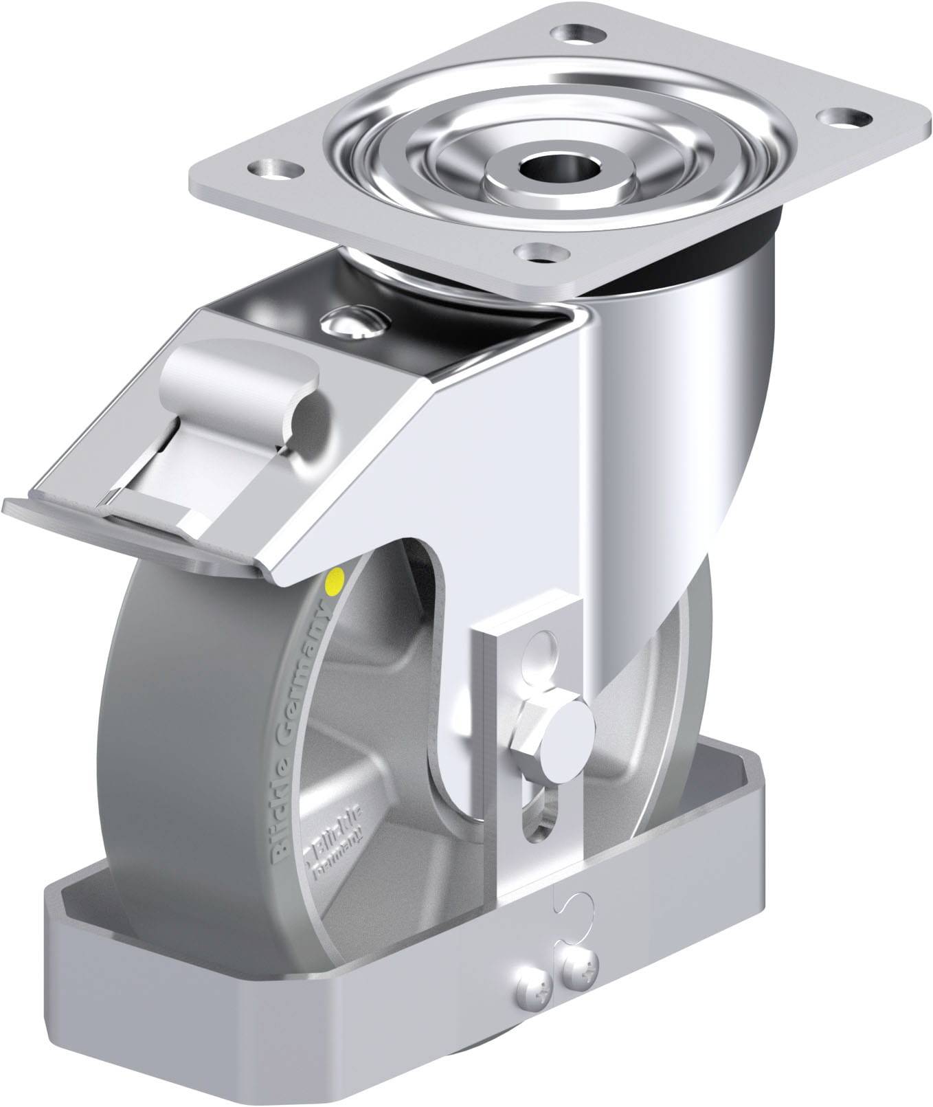 Industrie-Schwerlastrolle aus Metall mit grauem Rad, Lenkmechanismus und Halteplatte, geeignet für schwere Maschinen oder Geräte.