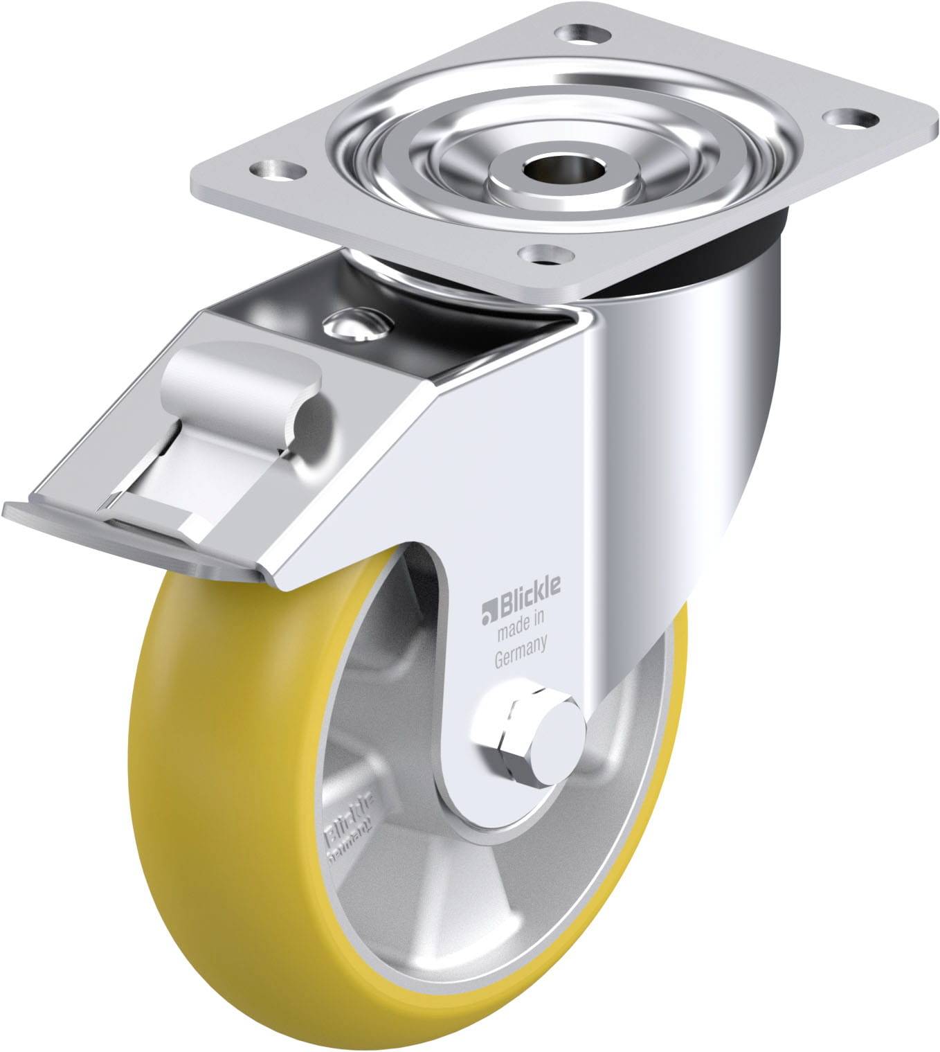 Rolle mit gelbem Rad und silberner Halterung. Markiert mit 'Blickle', hergestellt in Deutschland.