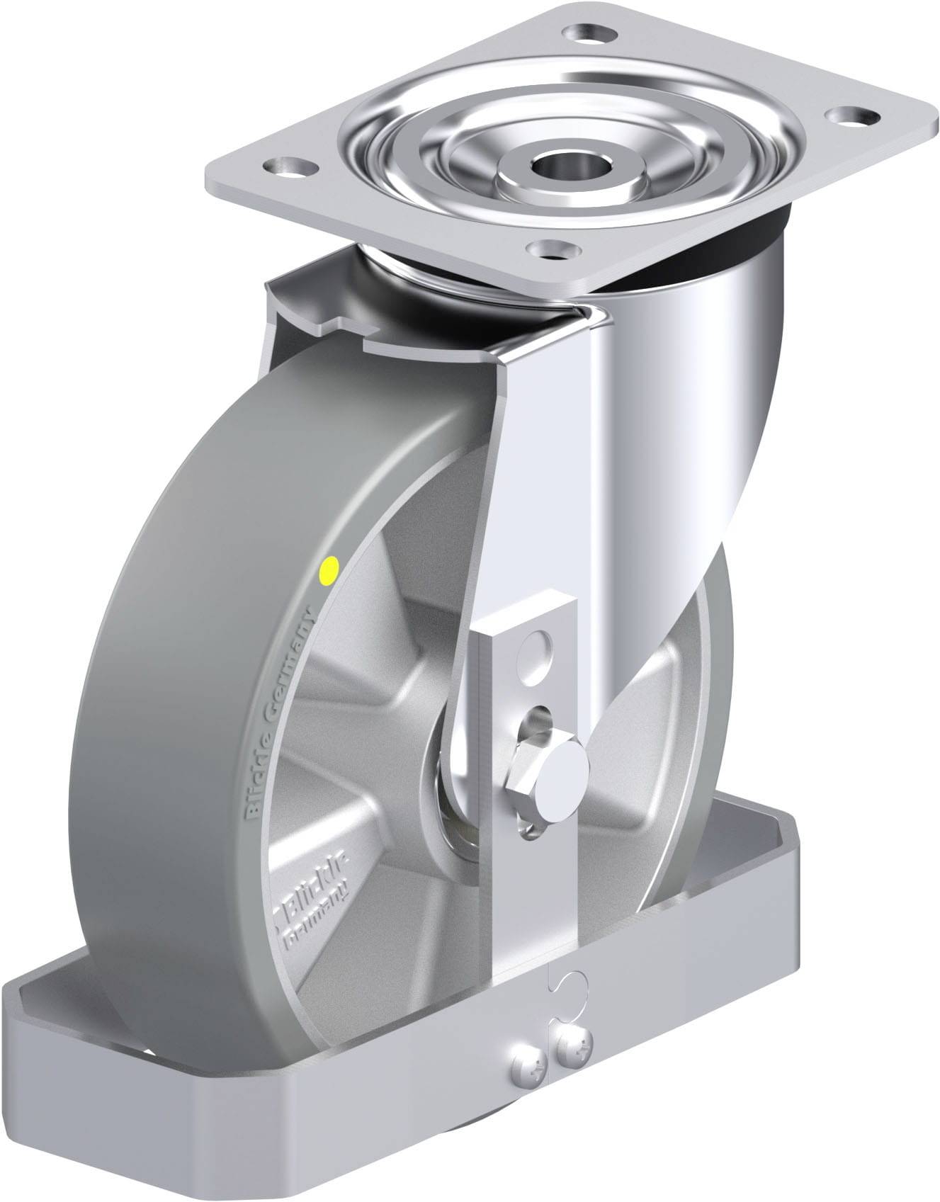 Industrie-Lenkrolle mit robustem, metallic-grauem Gehäuse und schwarzem Rad, montierbar über eine rechteckige Metallplatte.