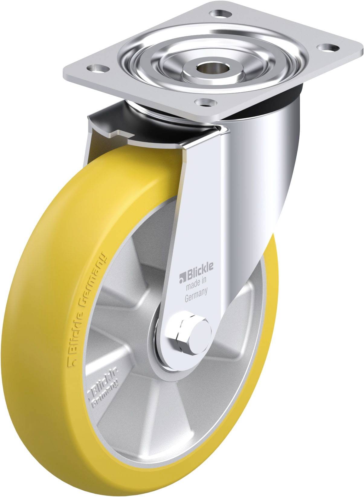 Metallenes Lenkrollenmodell mit gelbem Rad und silbernem Gehäuse, geeignet für Möbel oder industrielle Anwendung, von Blickle.