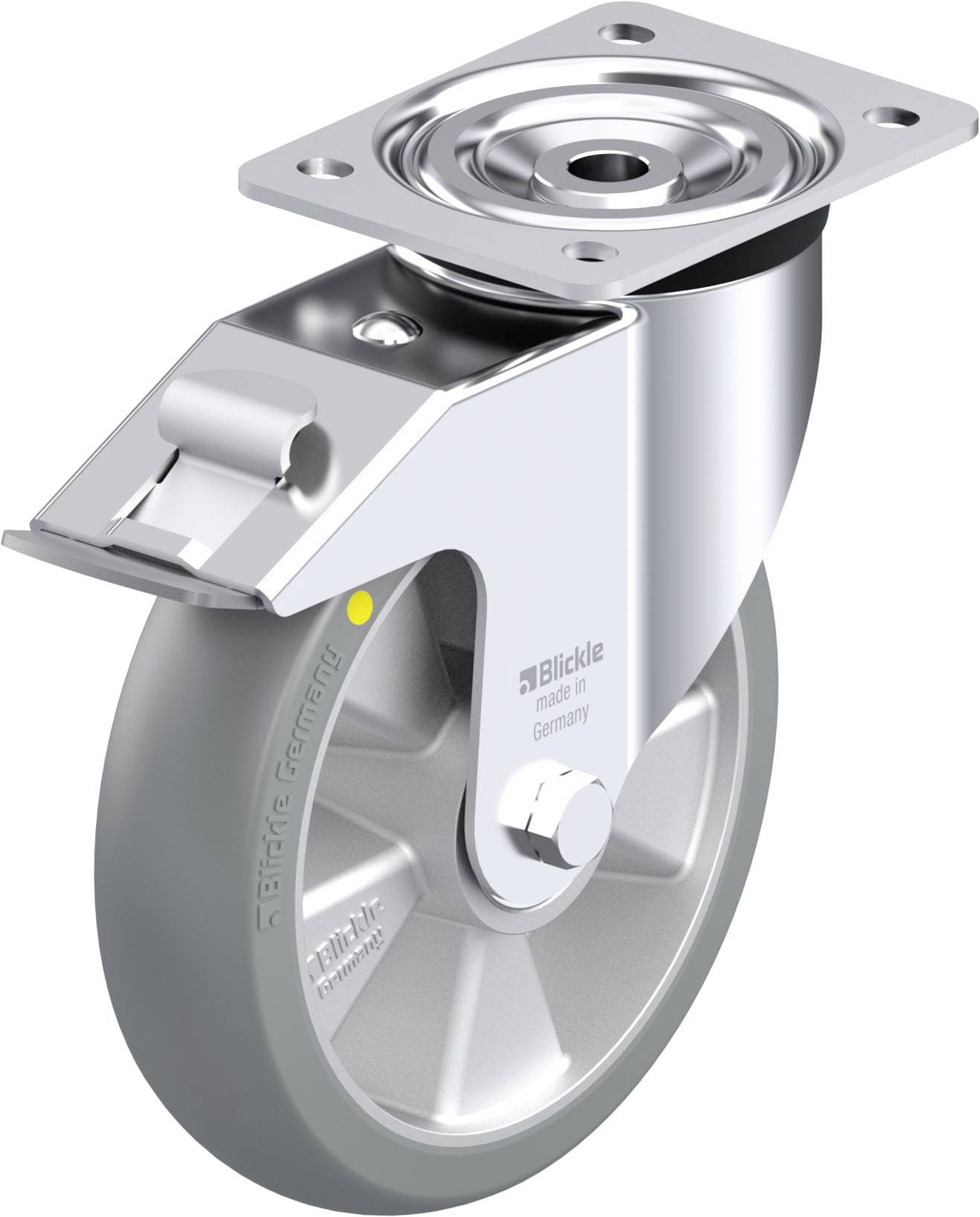 Metallrolle mit grauem Rad und Befestigungsplatte, für Anwendungen in der Industrie, zeigt stabile Bauweise und robuste Materialien.