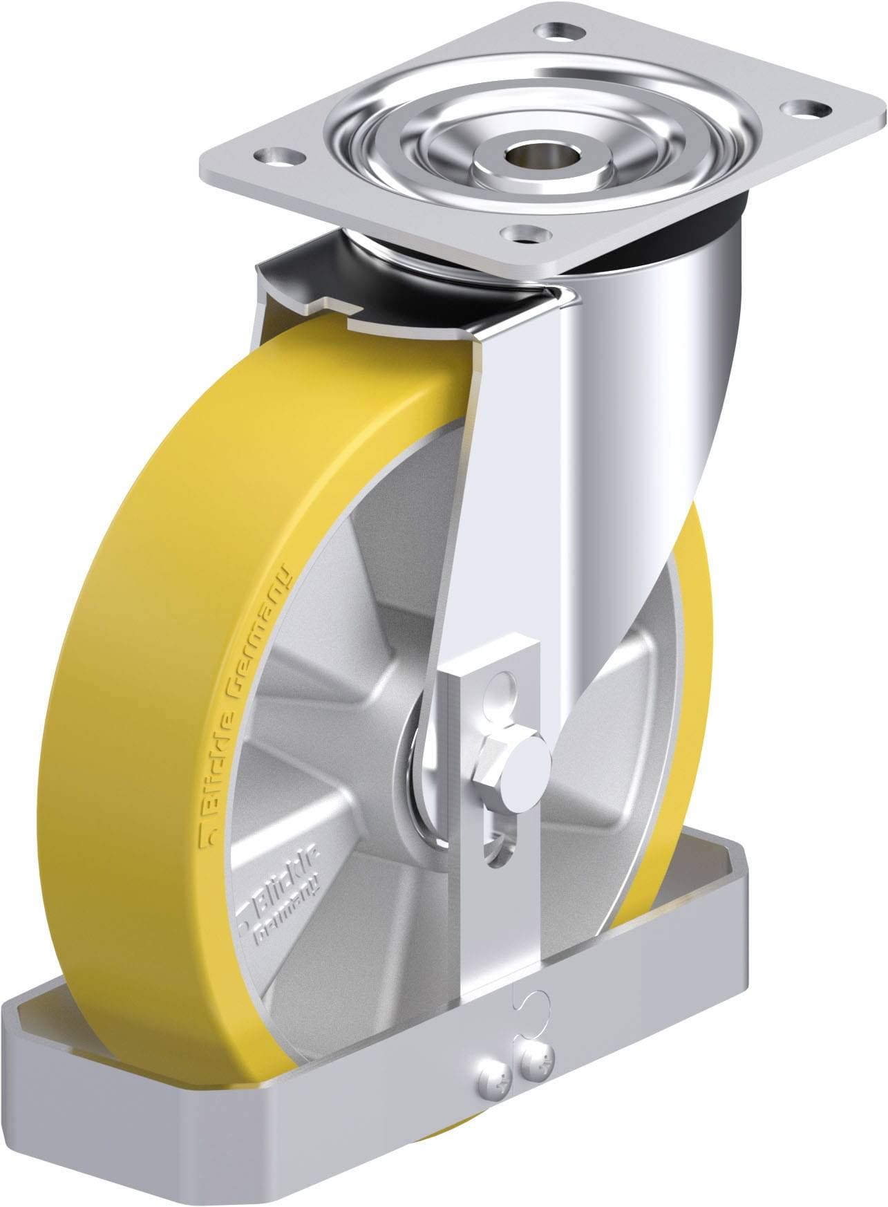 Industrie-Stützrolle mit gelbem Rad und silberner Halterung, montierbar auf Maschinen oder Wagen für Mobilität und Stabilität.