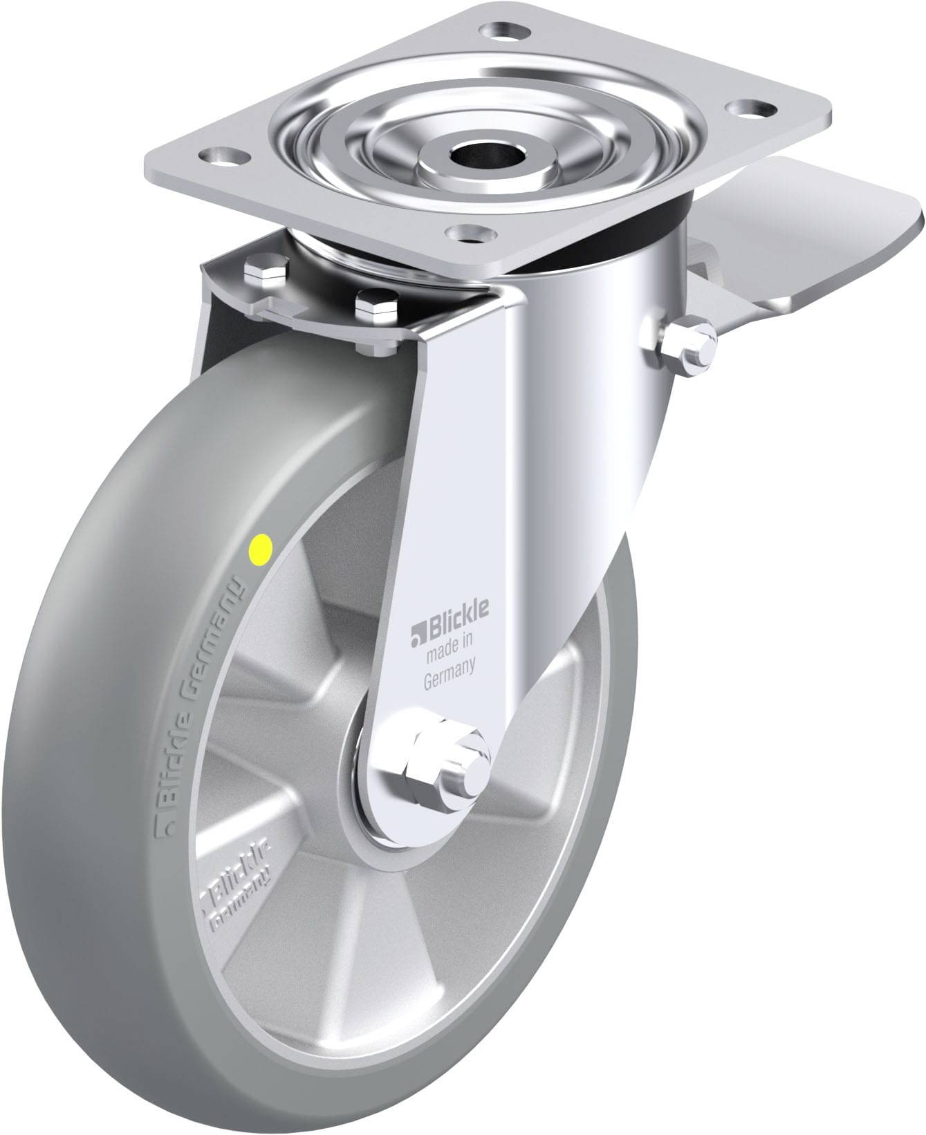 Schwenkrolle aus Stahl mit grauem Rad, Herstellerlogo 'Blickle', geeignet für den industriellen Einsatz.
