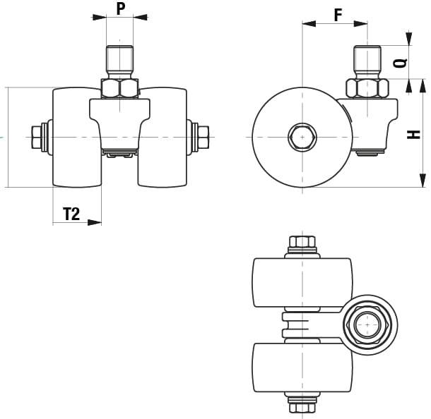 Technische Zeichnung eines Rohrklemmhalters, Seiten- und Draufsicht. Beschriftet mit Maßen P, F, D, H und T2.