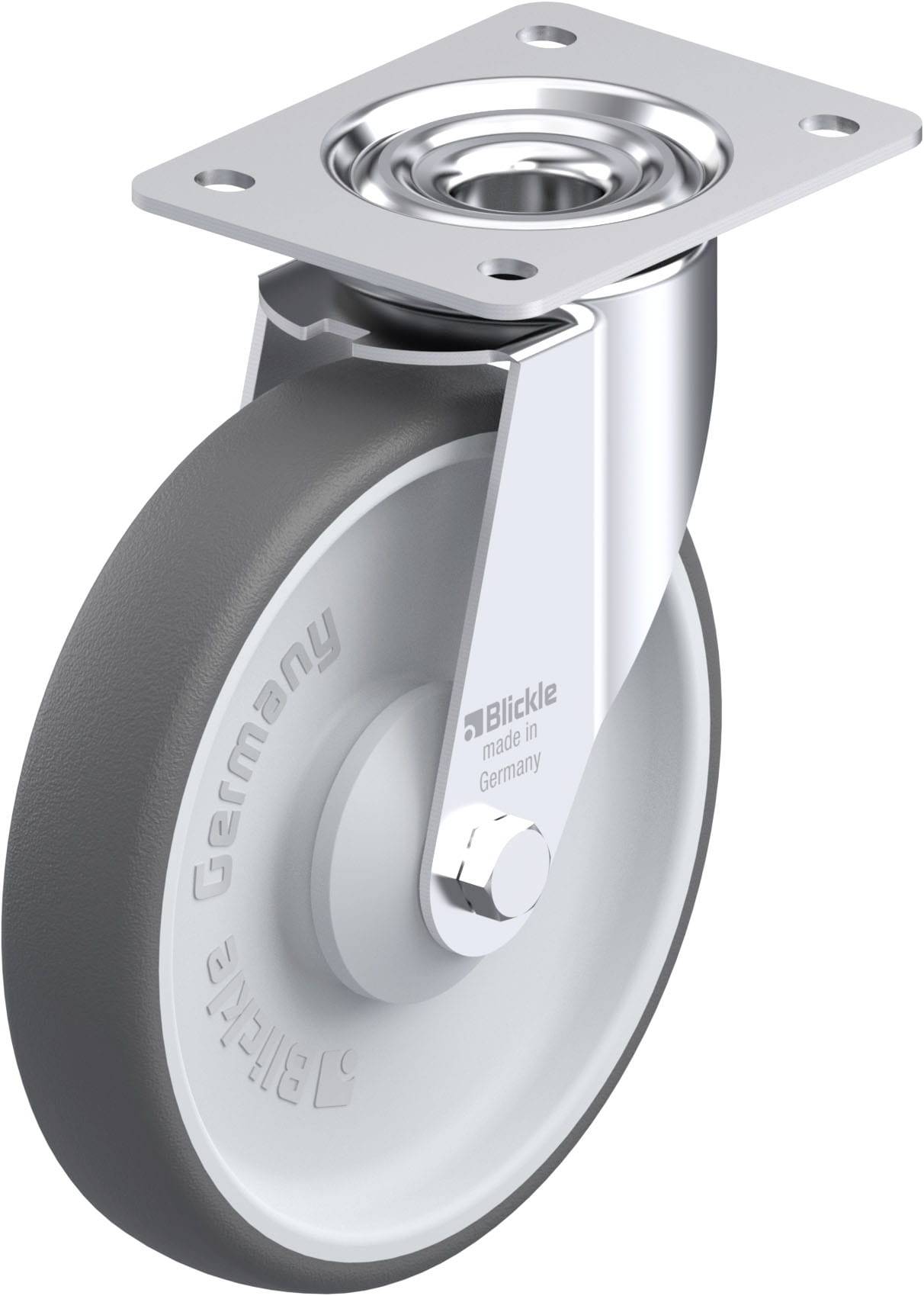 Rollenrad mit Metallhalterung, geeignet für Möbel oder Transporte. Aufschrift 'Blickle made in Germany'.