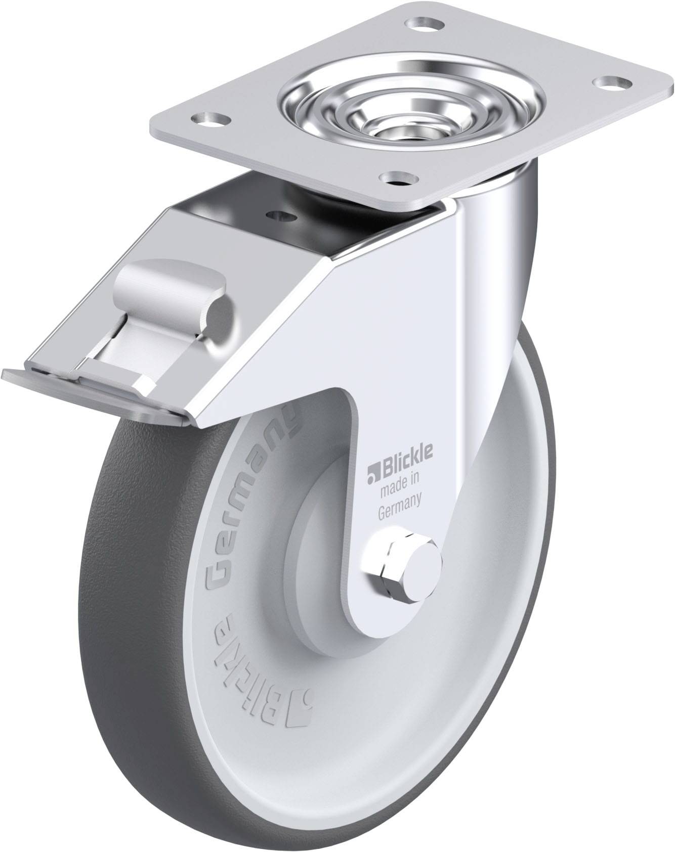 Schwenkrolle aus Metall und Gummi mit rechteckiger Befestigungsplatte, erkennbar am Aufdruck 'Blickle made in Germany'.
