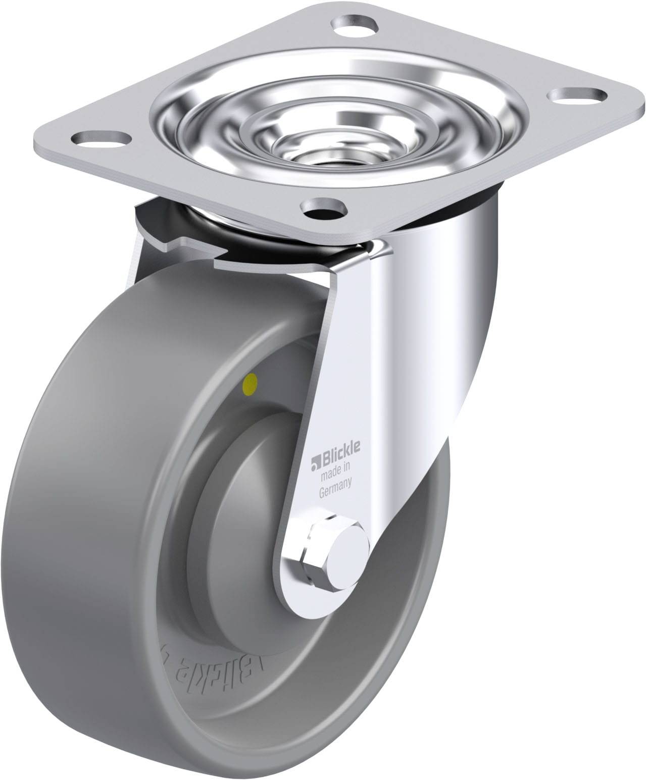 Graue Apparaterolle mit Metallhalterung, Kugellager und rechteckiger Montageplatte. Ideal für bewegliche Geräte geeignet.