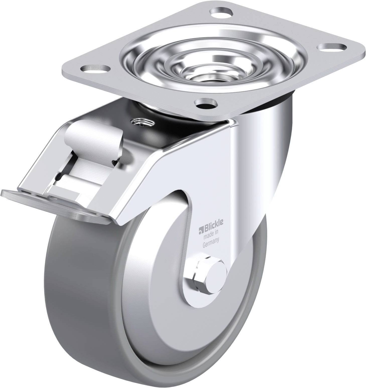Eine silberne industrielle Lenkrolle mit einer Halterung zur Befestigung an Möbeln oder Geräten.