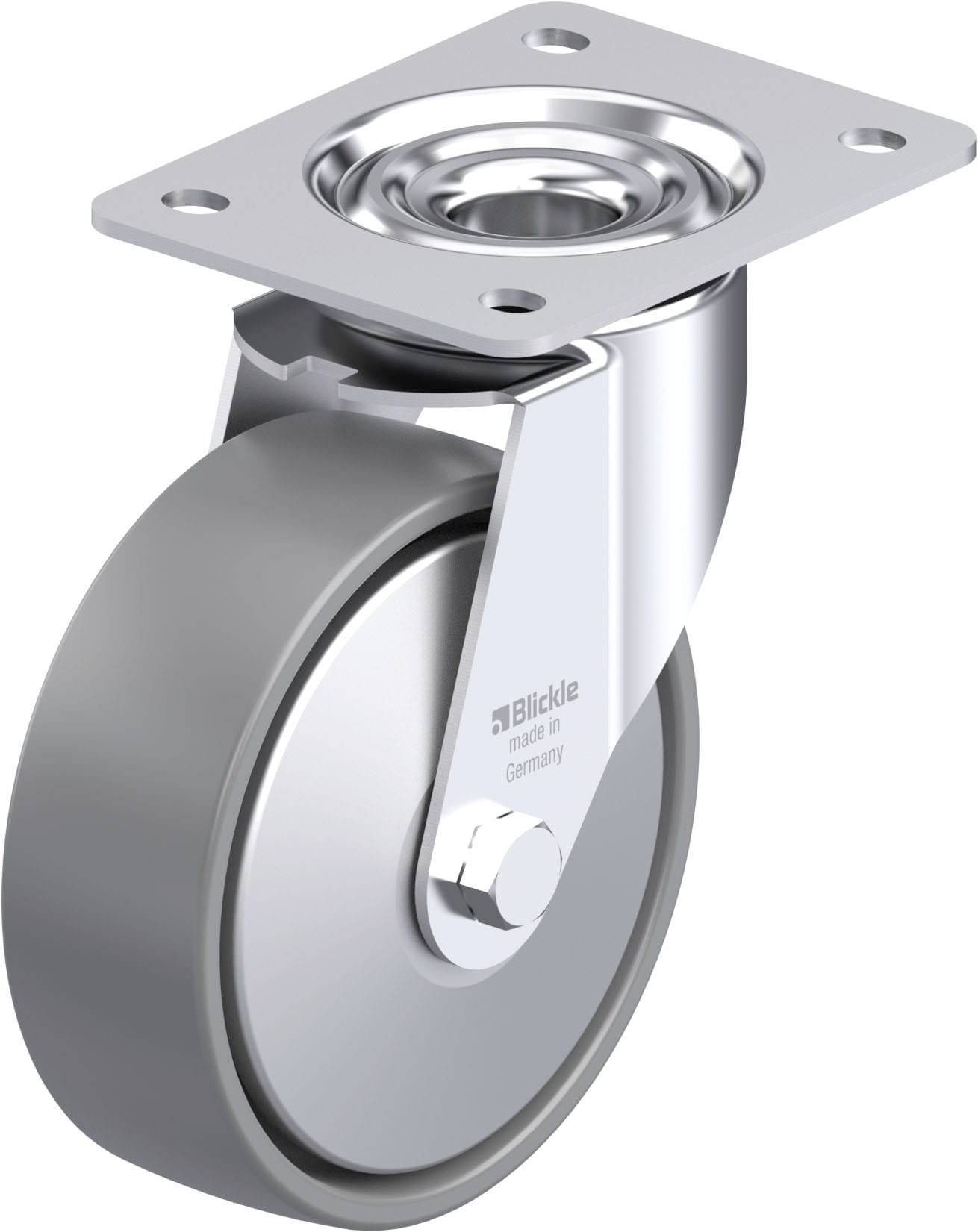 Eine silberne Lenkrolle mit grauem Rad und rechteckiger Befestigungsplatte. Geeignet für mobile Ausrüstung und Möbel.