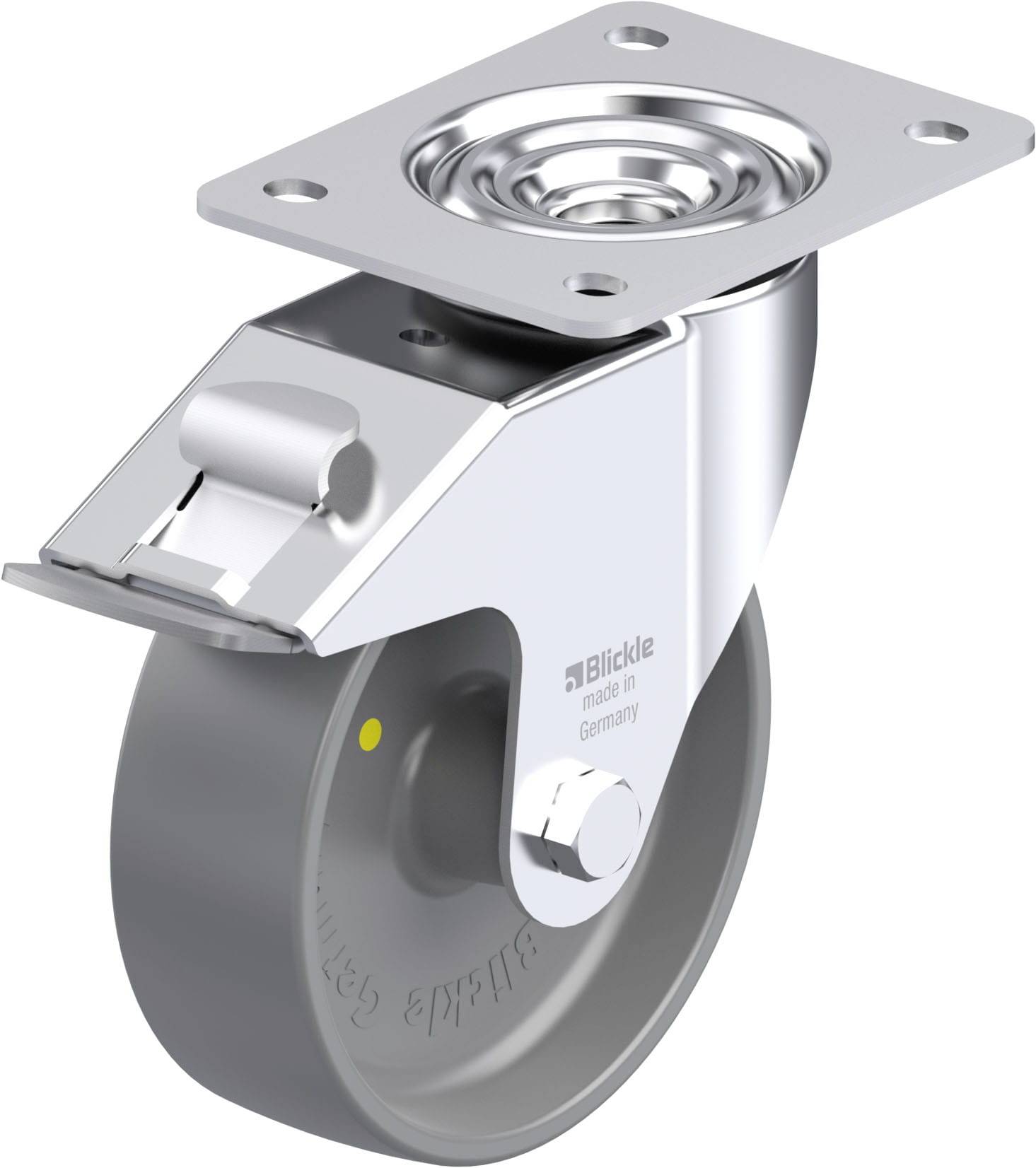 Schwenkrolle mit grauem Rad und silbernem Gehäuse. Aus Metall gefertigt, geeignet für industrielle Anwendungen. Markierte Seriennummer sichtbar.