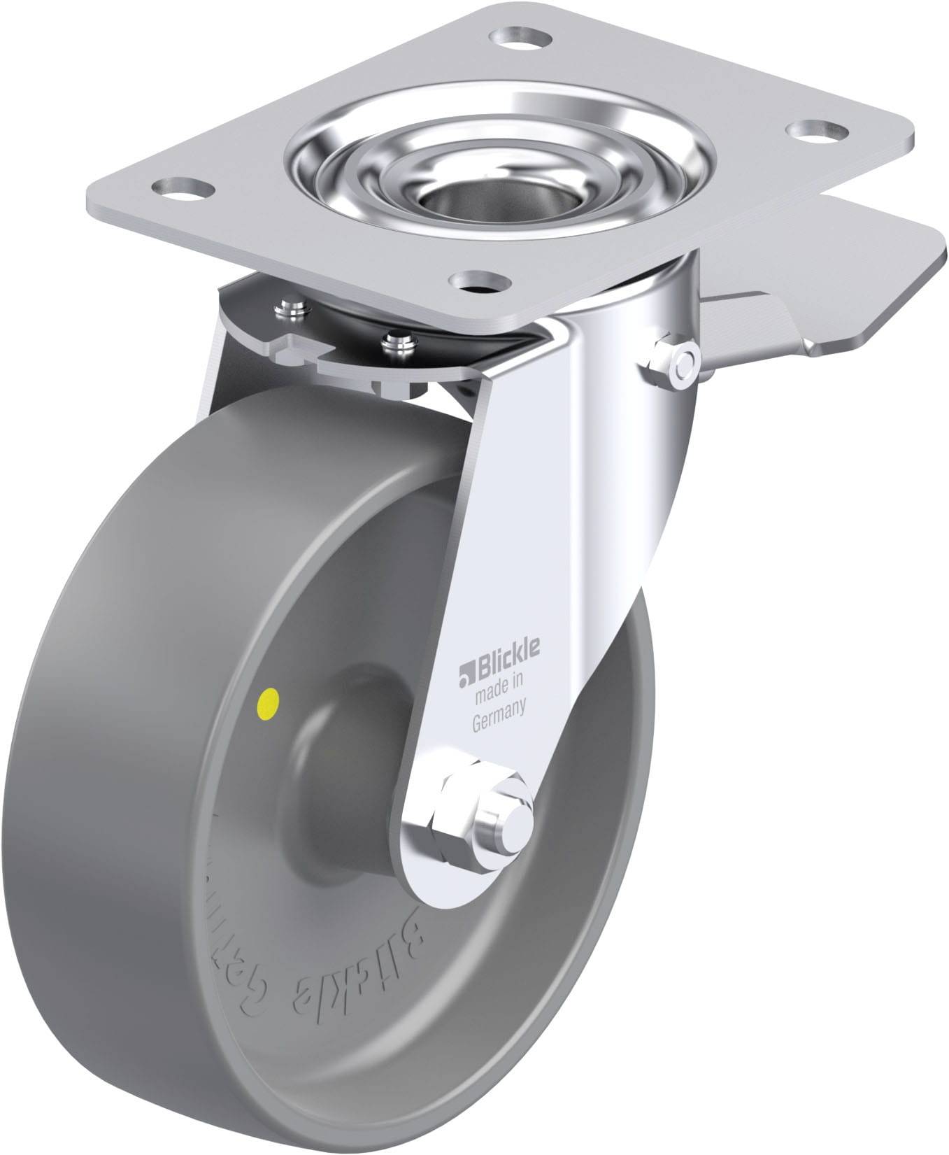 Graues Lenkrolle mit Metallhalterung. Oberseite zeigt Montageschraubenlöcher. Markiert mit 'Blickle made in Germany'.