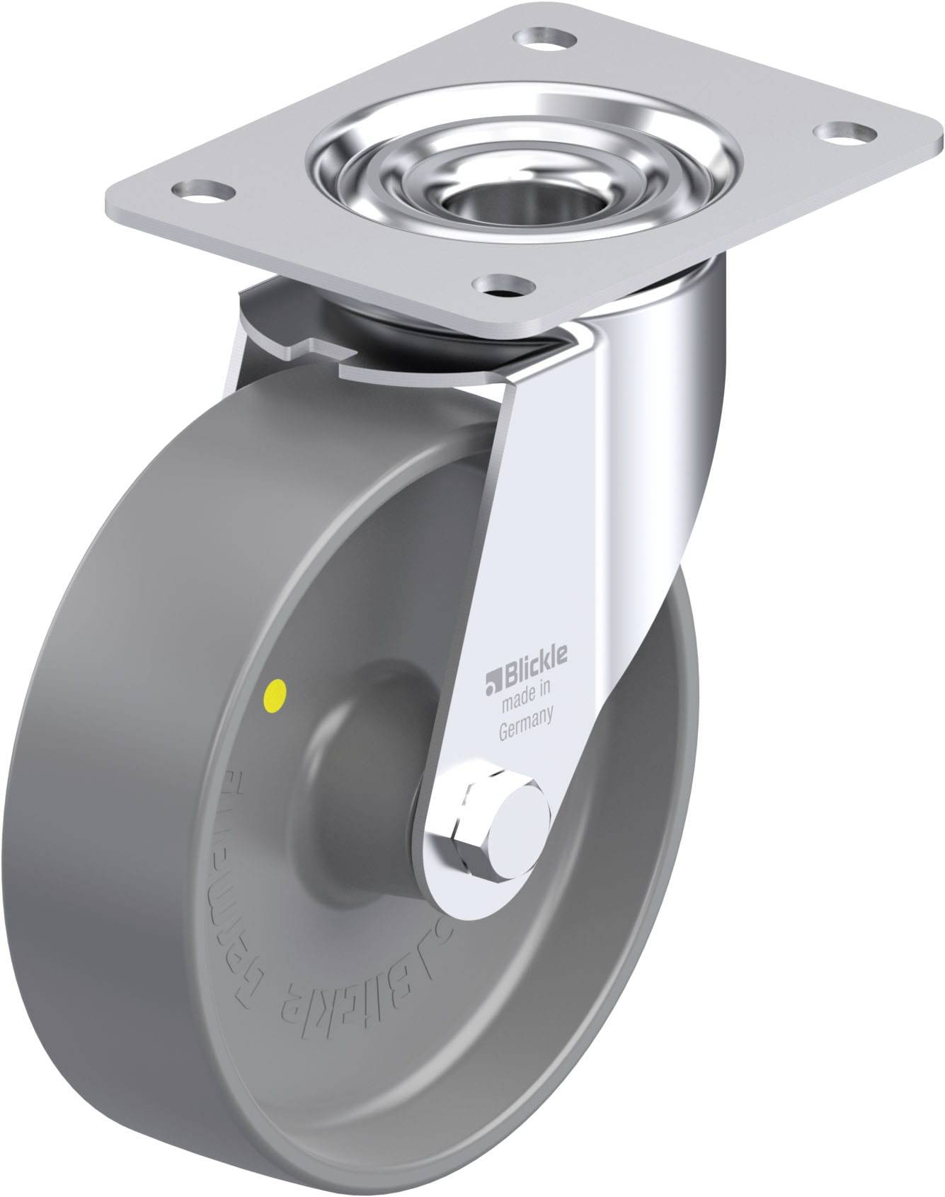Graue Lenkrolle mit Metallhalterung und Plattenbefestigung. Markenaufschrift auf der Seite der Rolle lesbar.