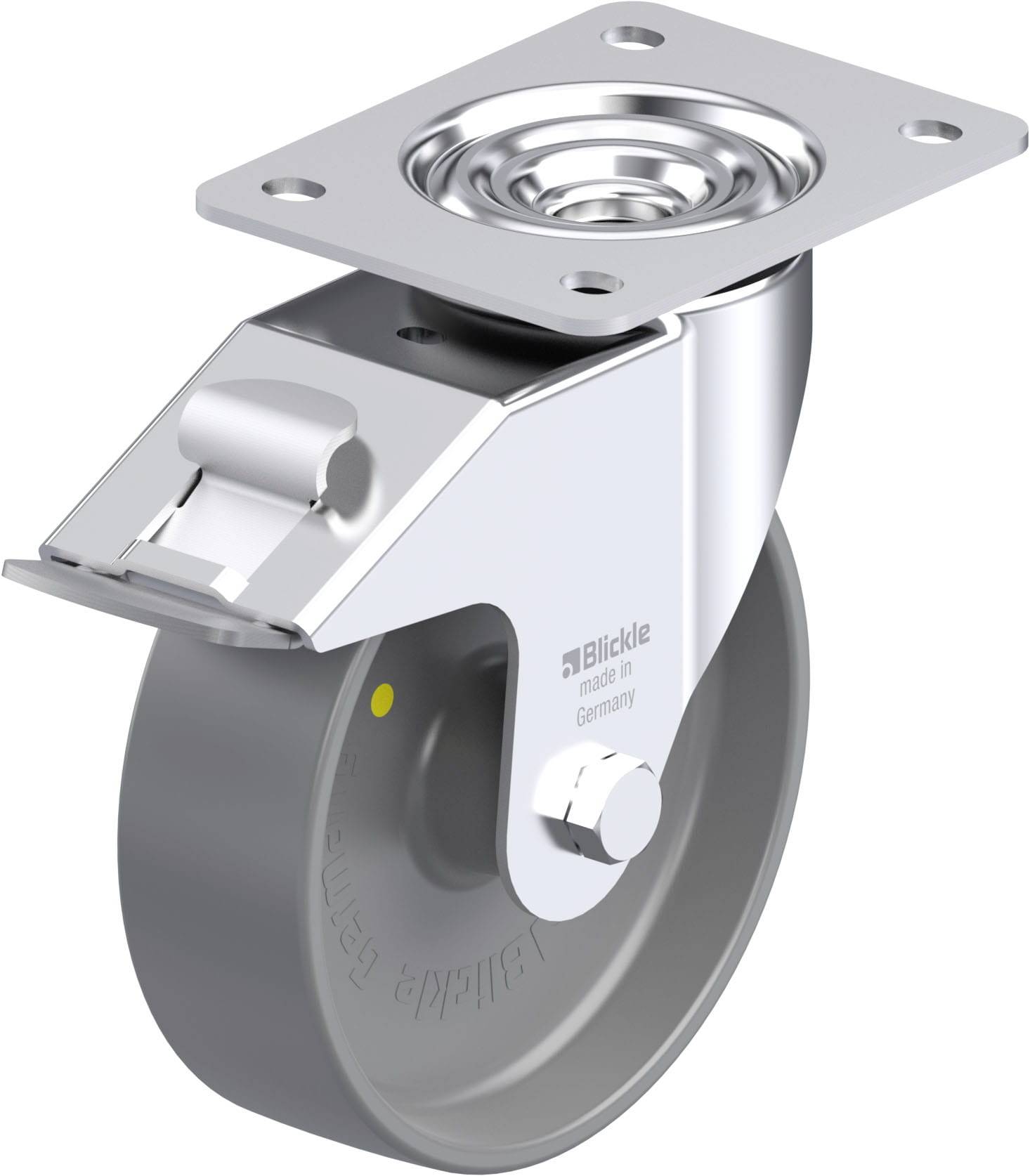 Industrie-Schwenkrolle aus Metall mit Gummirad, Drehmechanismus oben, geeignet für bewegliche Plattformen und Geräte.
