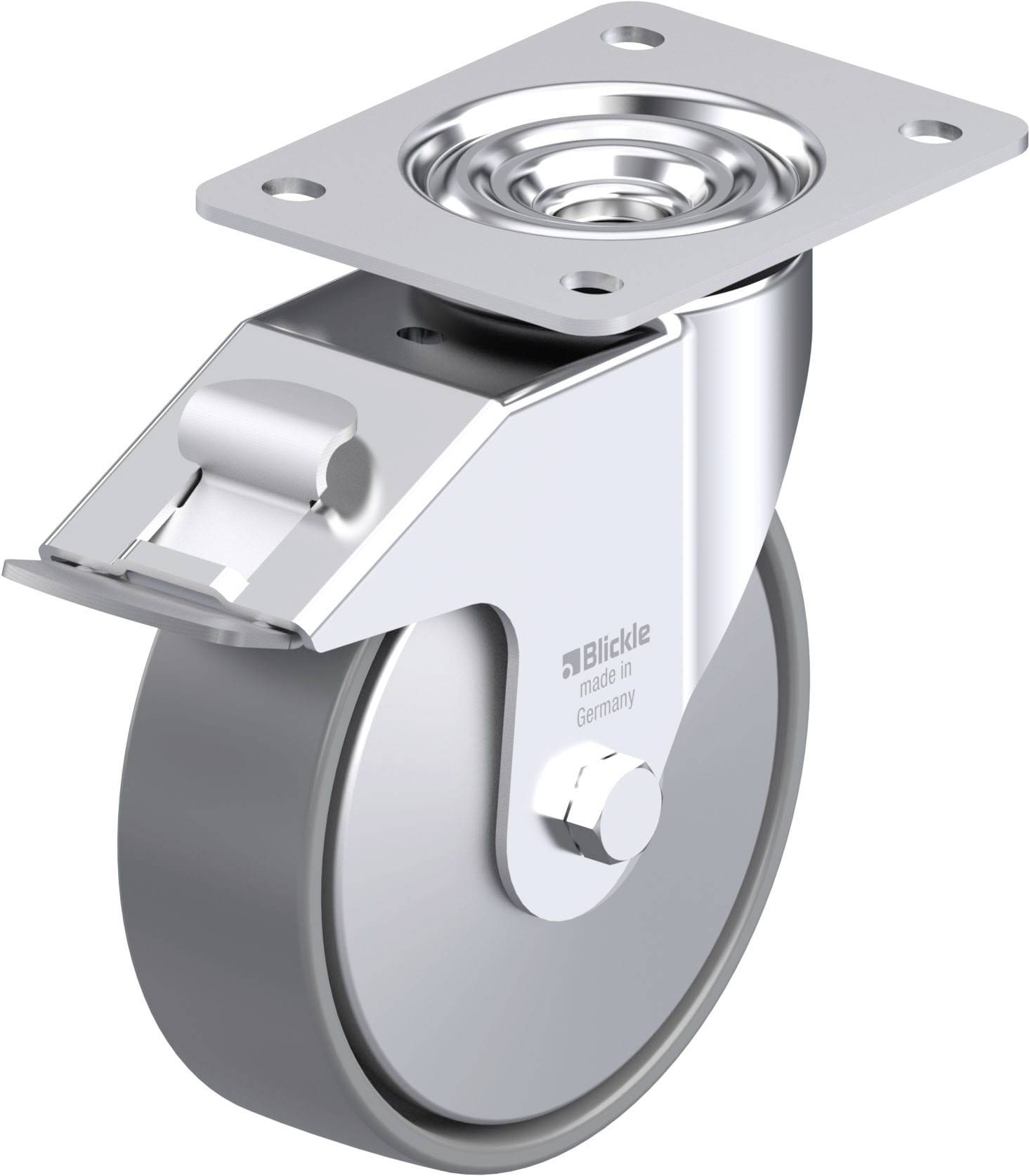 Industrie-Lenkrolle aus Metall mit grauem Rad und Befestigungsplatte.