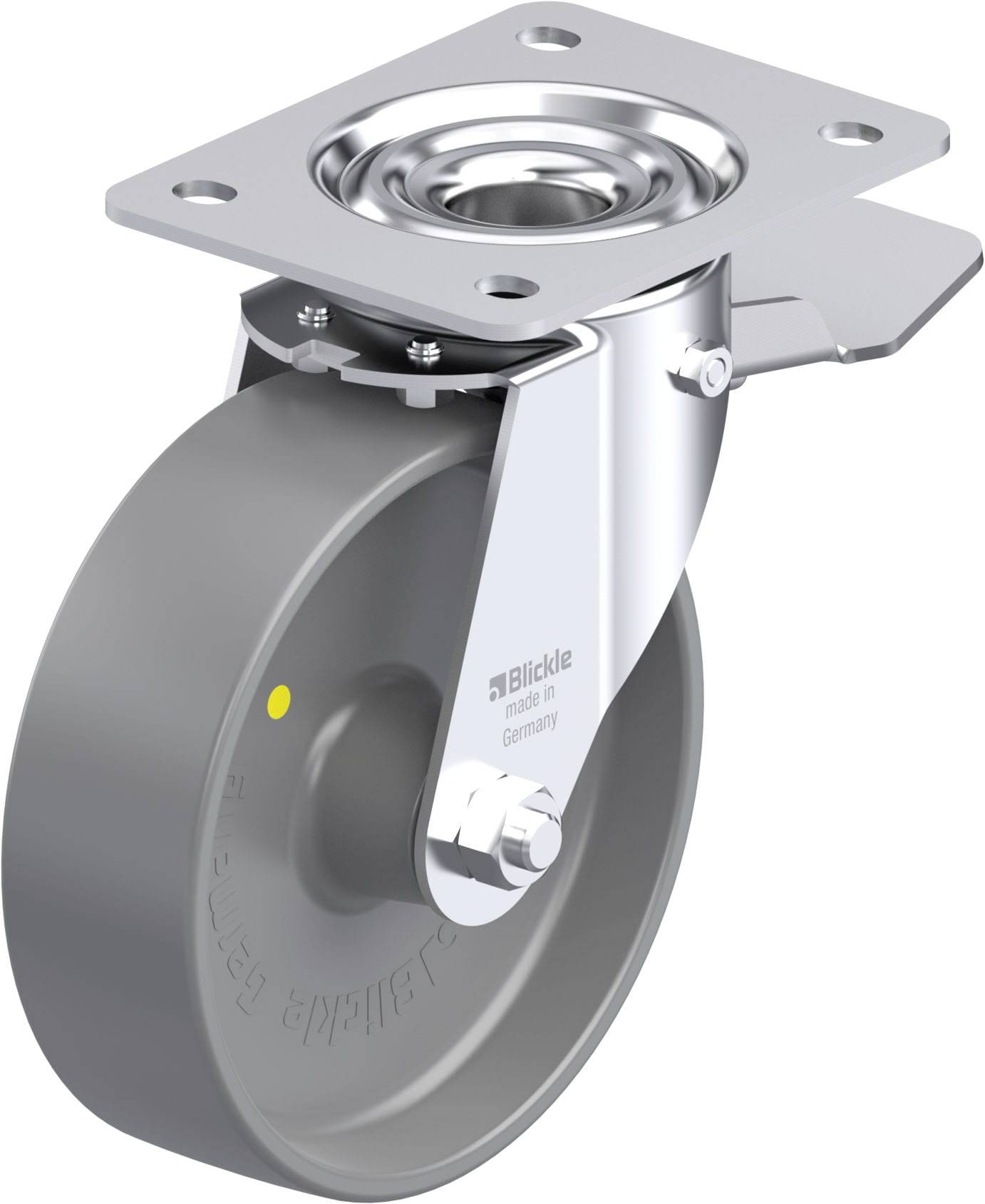 Schwenkrolle mit grauem Rad und Silberplatte zur Befestigung, markiert mit 'Blickle made in Germany'. Ideal für industrielle Anwendungen.
