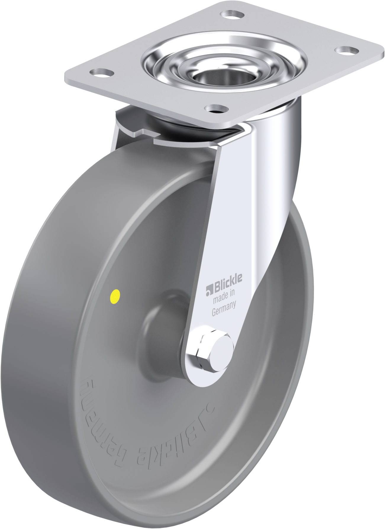 Industrie-Schwenkrolle aus Metall und Kunststoff, oben montierte Platte, Lagerung in deutscher Norm, geeignet für schwere Lasten.