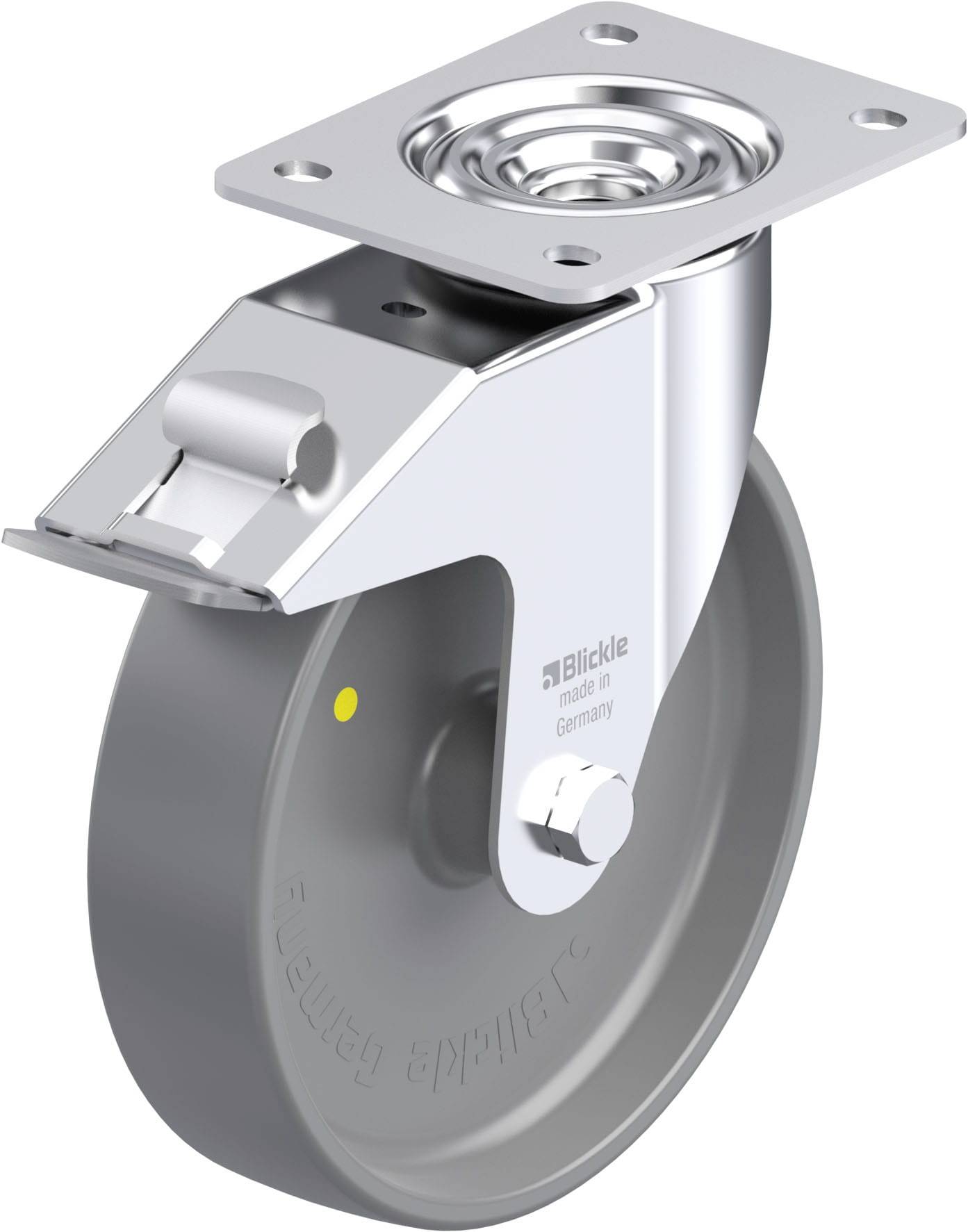 Graue Transportrolle mit Befestigungsplatte und Lenkmechanismus. Hersteller 'Blickle' ist auf der Metalloberfläche eingeprägt. Geeignet für industrielle Anwendungen.