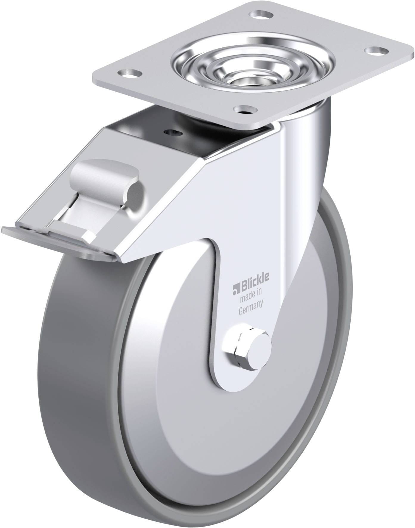 Schwerlastrolle mit Metallgehäuse und Plastikrad, rechteckige Montageplatte oben. Geeignet für industrielle Anwendungen.