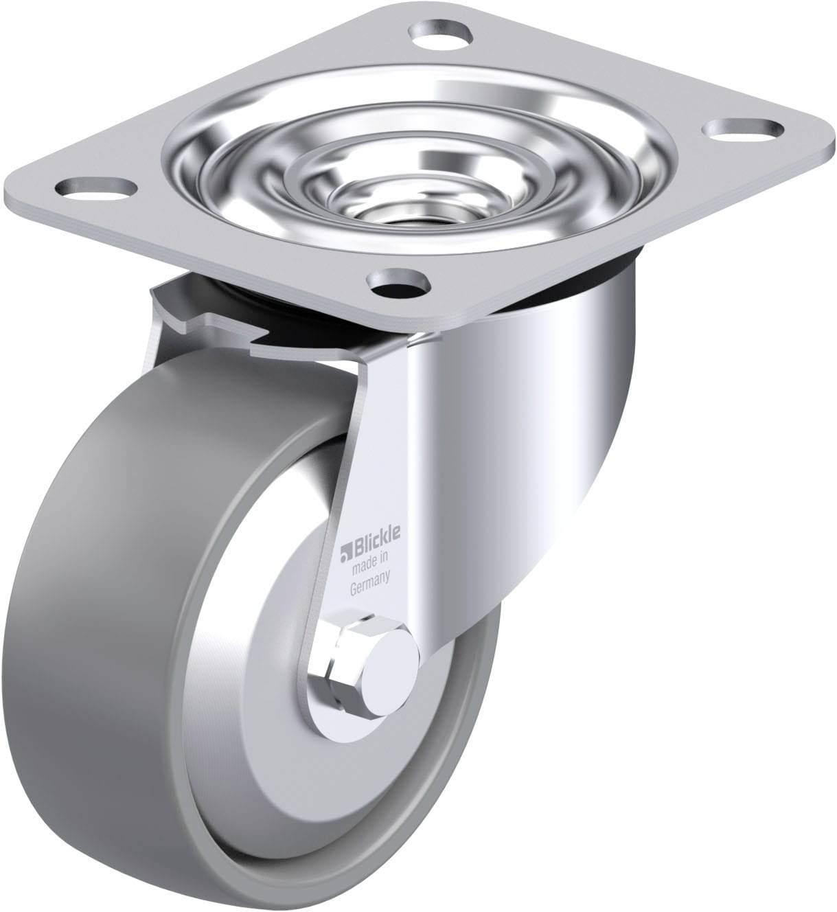 Industrie-Rollstuhlrolle aus Metall mit grauem Rad und Befestigungsplatte, geeignet für schwere Lasten in Lager- oder Werkstattumgebungen.