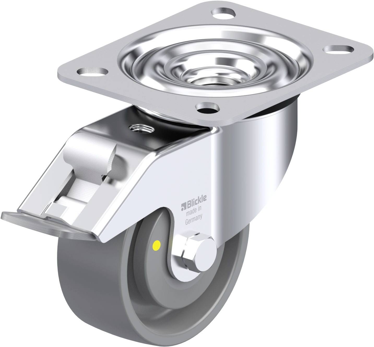 Eine robuste Lenkrolle mit grauem Rad und Metallplatte zum Festschrauben, geeignet für Möbel und Geräte, zeigt Markenlogo.