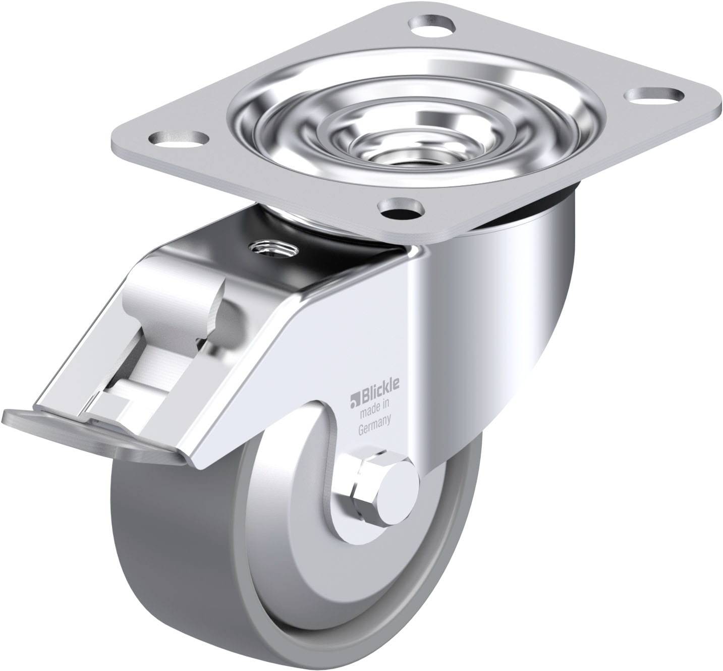 Schwenkrolle aus Metall mit grauem Rad, geeignet für Möbel oder Industrieanwendungen, glänzende Oberfläche mit Befestigungsplatte.