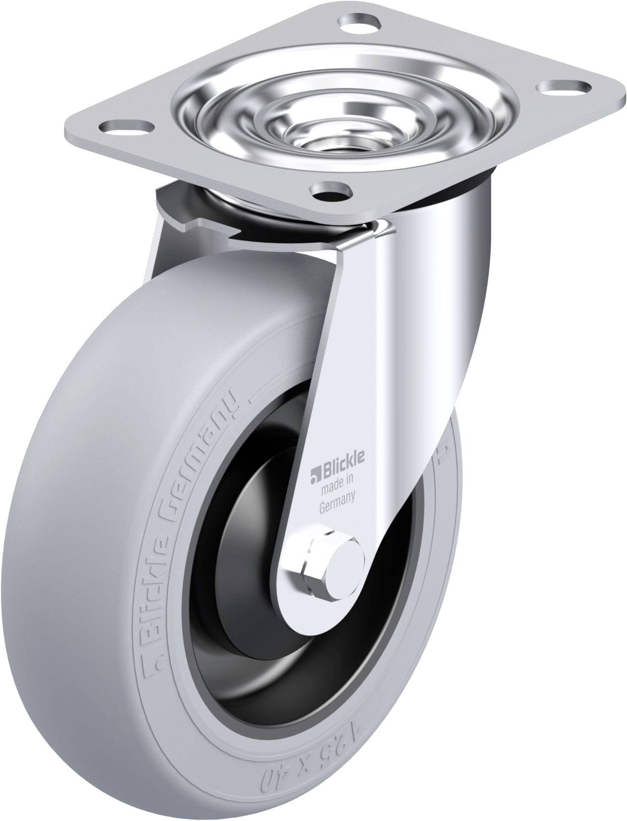 Rolle mit grauem Gummirad und Metallgehäuse, geeignet für Büromöbel oder Wagen. Die Rolle hat eine drehbare Halterung.