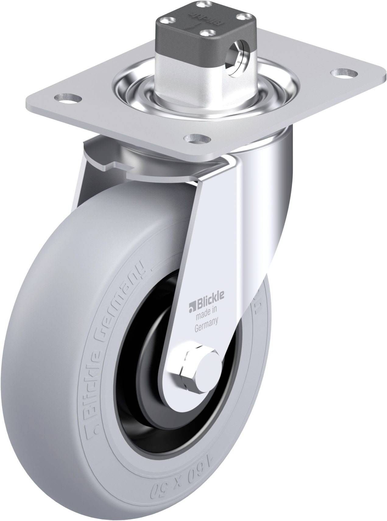 Ein silbernes, drehbares Rad mit grauer Gummibereifung und Metallhalterung, hergestellt von Blickle in Deutschland.