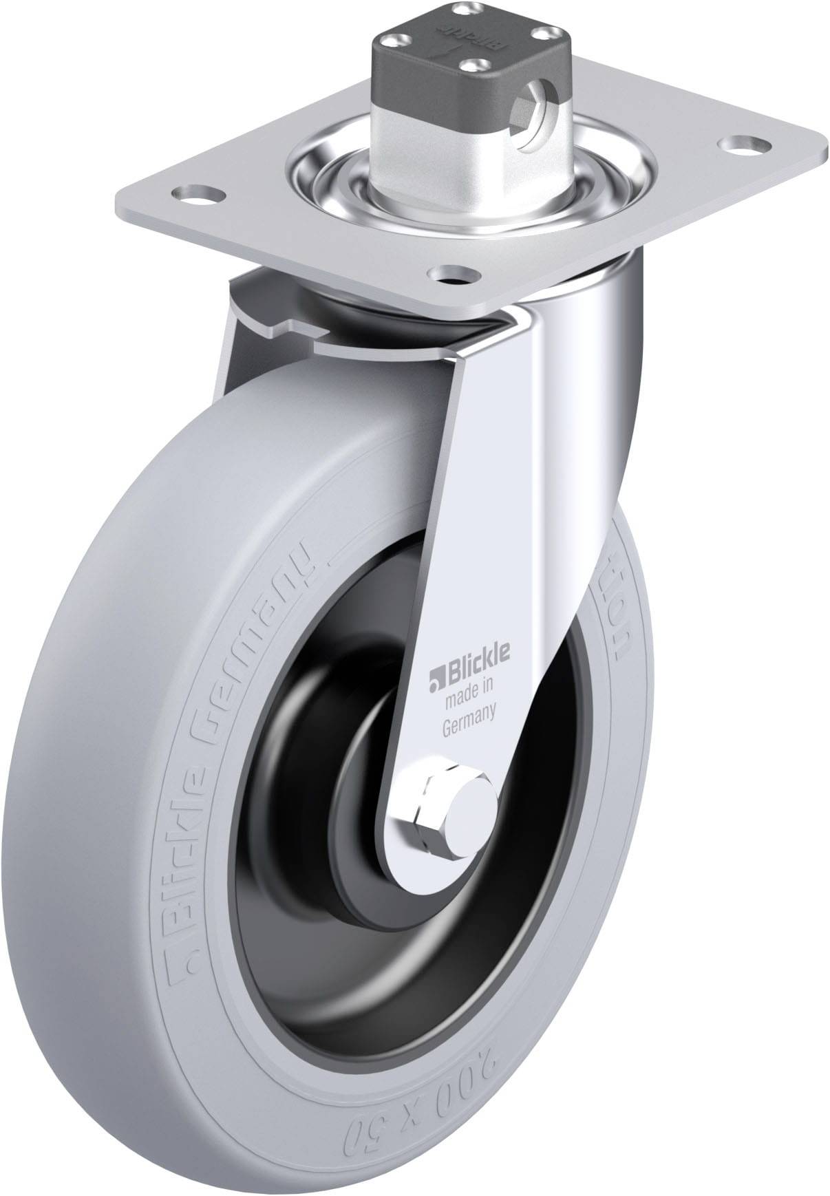 Industrie-Schwenkrolle mit grauem Rad und Metallgehäuse von Blickle, Made in Germany, geeignet für Lasten bis 200 kg.