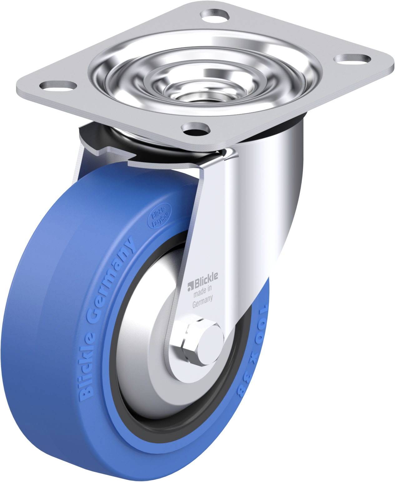 Ein blaues Schwenkrollenrad mit silbernem Gehäuse, geeignet für den industriellen Einsatz, auf glänzendem Metallträger montiert.