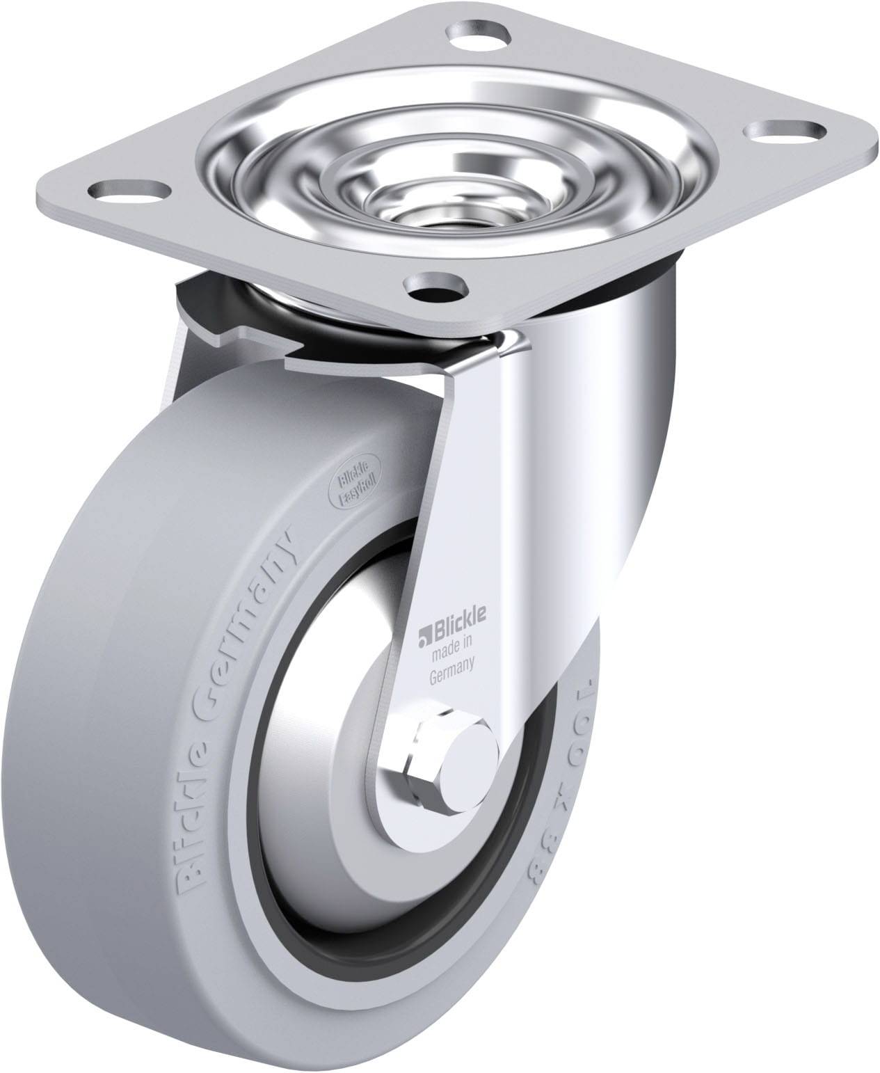 Industrielle Lenkrolle aus Metall mit grauem Gummi-Polyurethan-Rad, drehbar, geeignet für den Einsatz in Maschinen und Möbeln.