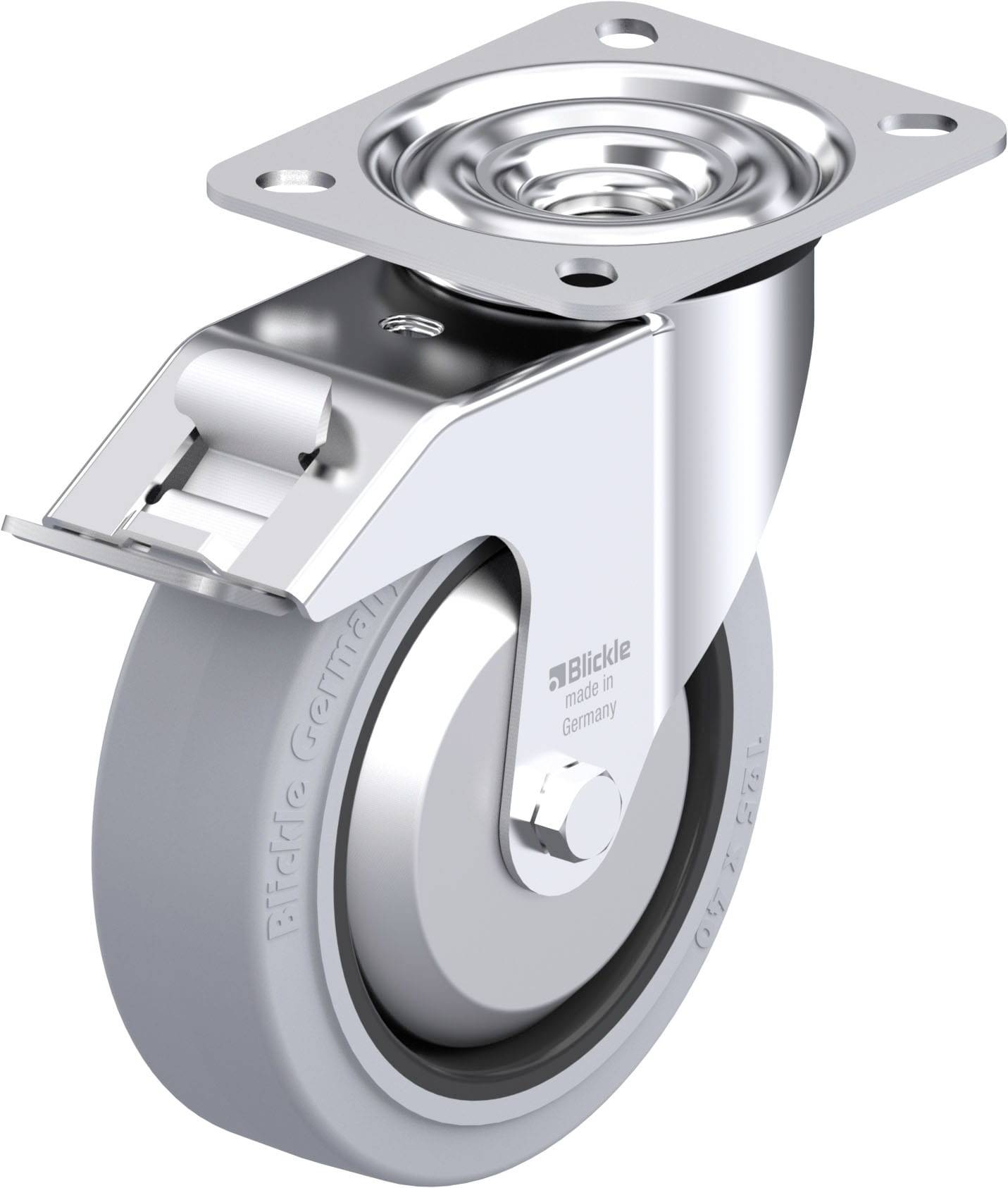 Das Bild zeigt eine graue Lenkrolle mit glatter Oberfläche und Metallhalterung, geeignet für Möbel oder Geräte, um Mobilität zu ermöglichen.